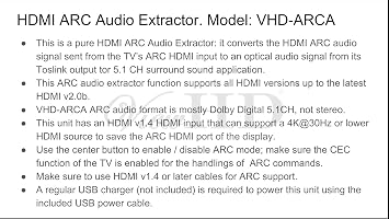 HDMI ARC Audio Extractor | ARC Audio Extractor | Adapter | for ARC Only | Model: VHD-ARCA