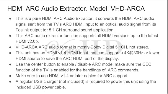 HDMI ARC Audio Extractor | ARC Audio Extractor | Adapter | for ARC Only | Model: VHD-ARCA