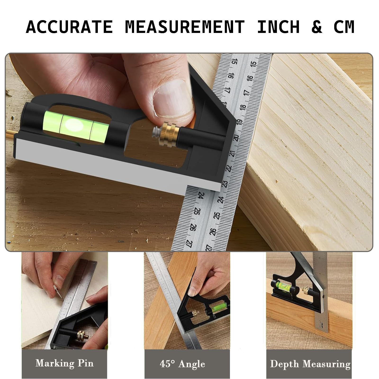 1 Pcs Square Tool, Square and Combination Square Tool Set, Stainless Steel Angle Ruler, 45/90 Degree Ruler with Bubble, Level for Accurate and Adjustable Woodworking Measurement - Image 4