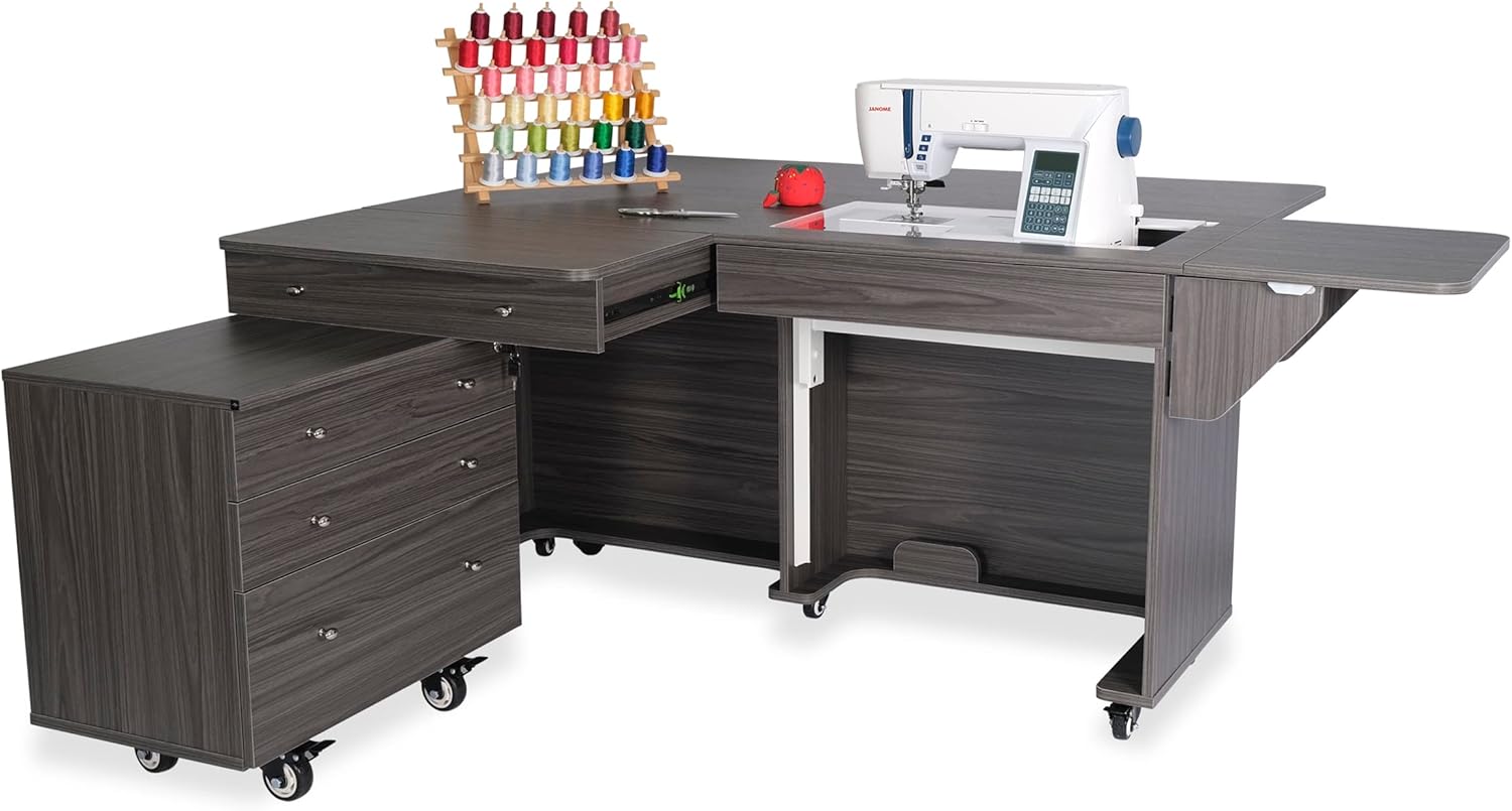Gray Hydraulic Lift Sewing Cabinet with Rolling Storage Caddy