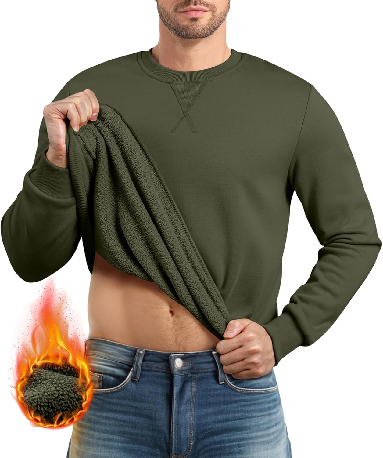 JMIERR Mens Cotton Sherpa Lined Sweatshirts Casual Fleece Long Sleeve Crewneck Fall Winter Pullover Shirts - Image 2