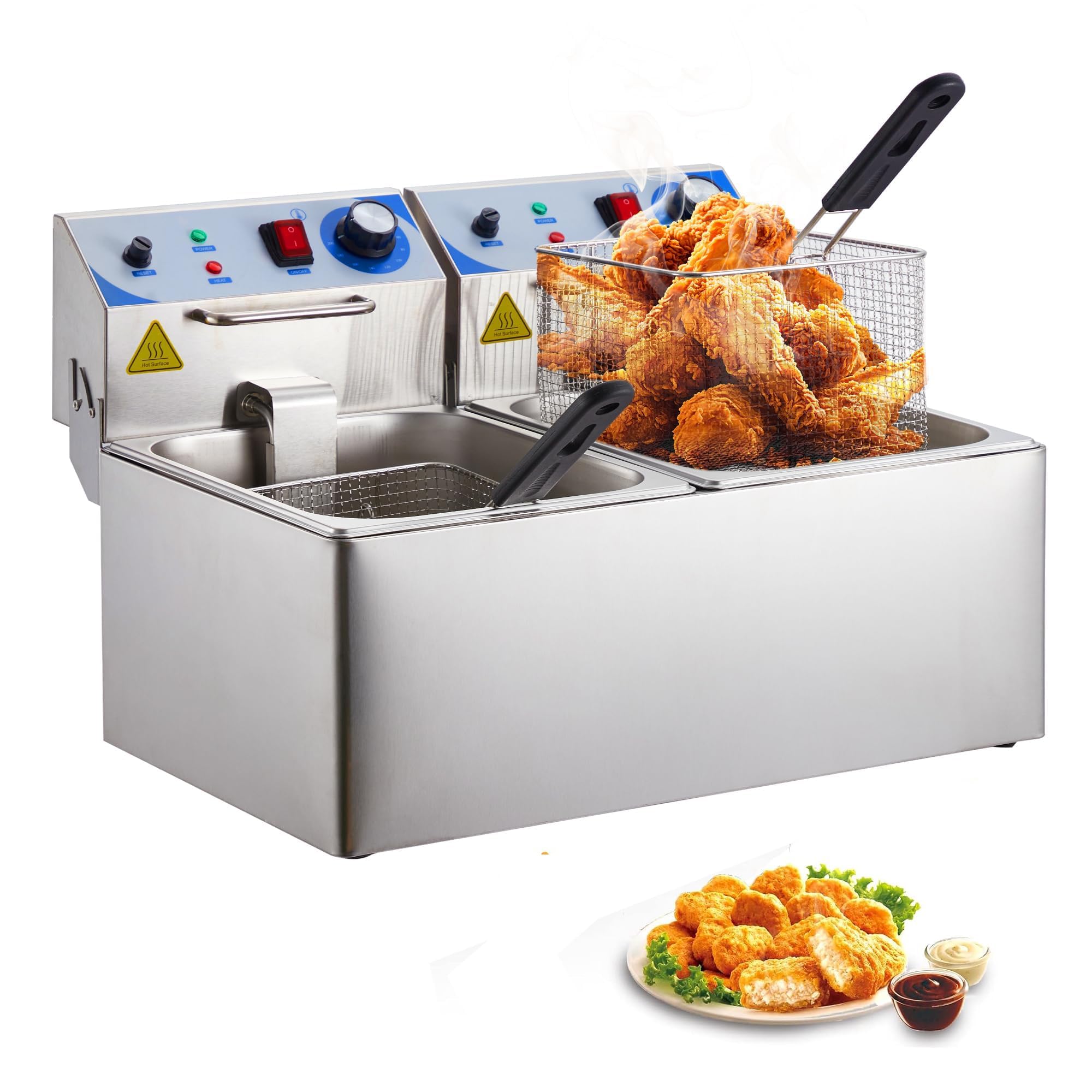 Freidora Profesional de 2 x 10 L - Freidora eléctrica de Doble Tanque para Pavos, Apta para restaurantes, con termostato Ajustable y Tapa extraíble - Resistente para Uso
