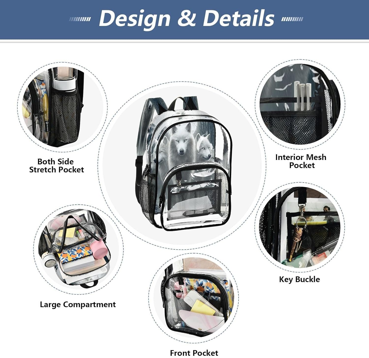 White Wolf Animal Tree Moon Clear Backpack Heavy Duty See Through Transparent PVC BookBag for Kids Boy Girl School Work
