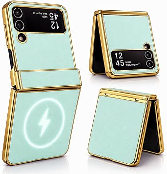Genuine Leather Case for Samsung Galaxy Z Flip 3, MagSafe Compatible Slim Cover with Hinge Protection, Military-Grade Drop Protection, Free Magnetic Grip Holder, Gold Trim Mint