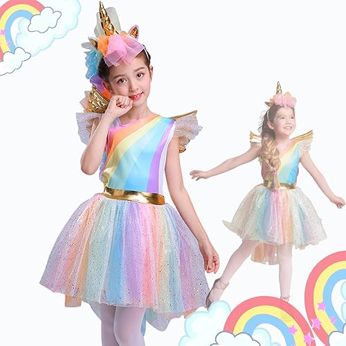 Girls Princess Dress up Costume Kid Cosplay Party Dress, Rainbow Unicorn Dress Up Costume for Halloween
