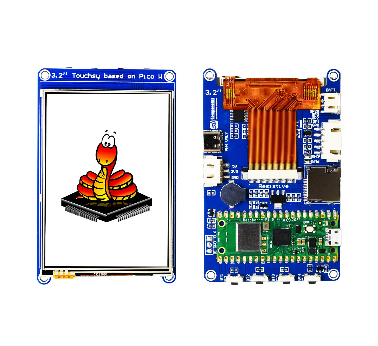 Touchsy 3,2-calowy wyświetlacz LCD oparty na Raspberry Pi Pico W, interfejs 3,2" SPI Raspberry Pi Pico ekran dotykowy z wbudowanym Pico W, 4 programowalne przyciski i joystick (pojemnościowy dotykowy)