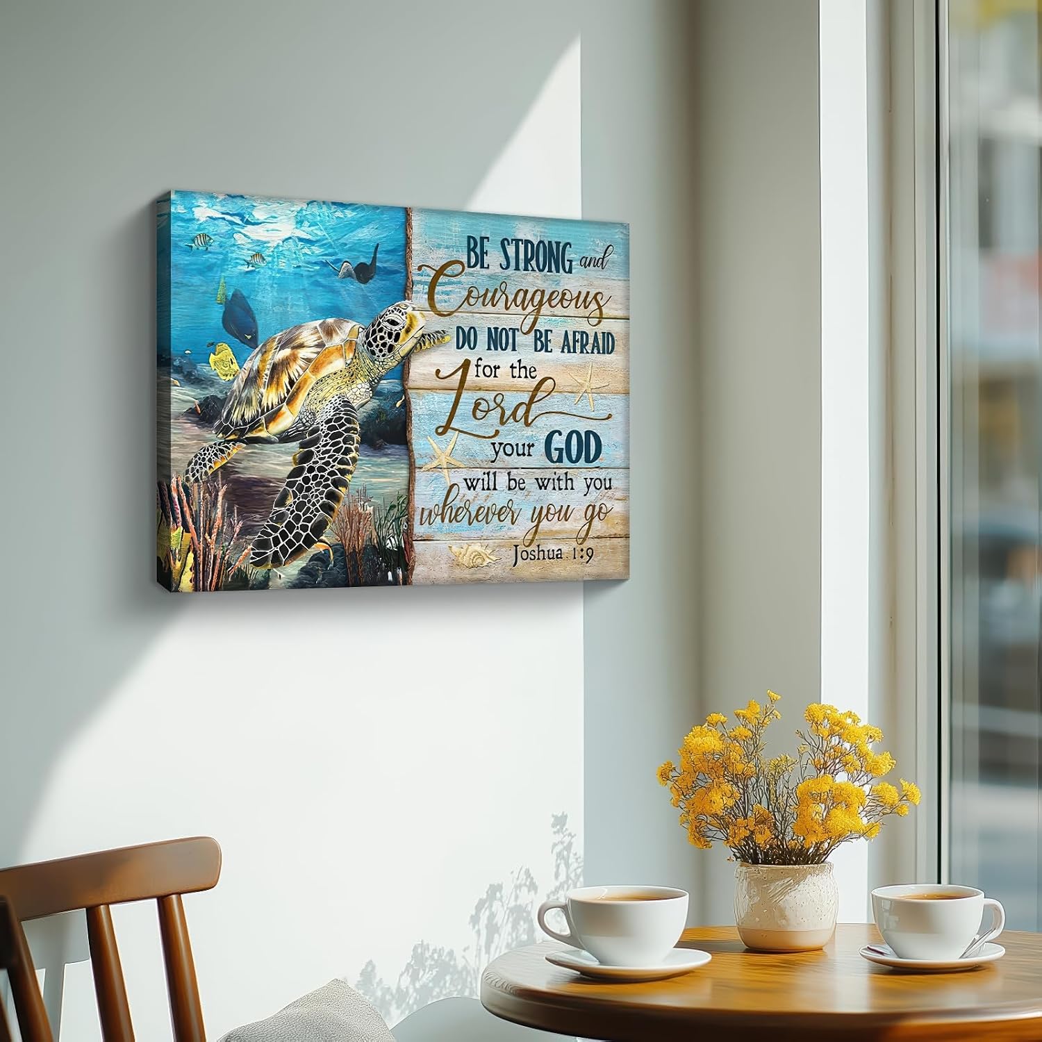 Framed Sea Turtle Wall Art – Inspirational Canvas Print posters for Home Décor, Ocean Beach Theme Painting pictures, for Living Room, Bedroom, Office, Christian Gift Ready to Hang12x16Inch