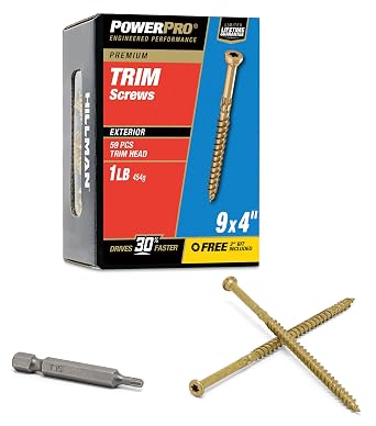 Power Pro 48634 Trim Screws, #9 x 4, All Purpose Wood, Deck, Composite, and Exterior Trim Screws, Rust Resistant, Bronze, 1 lb Box, 64 pcs