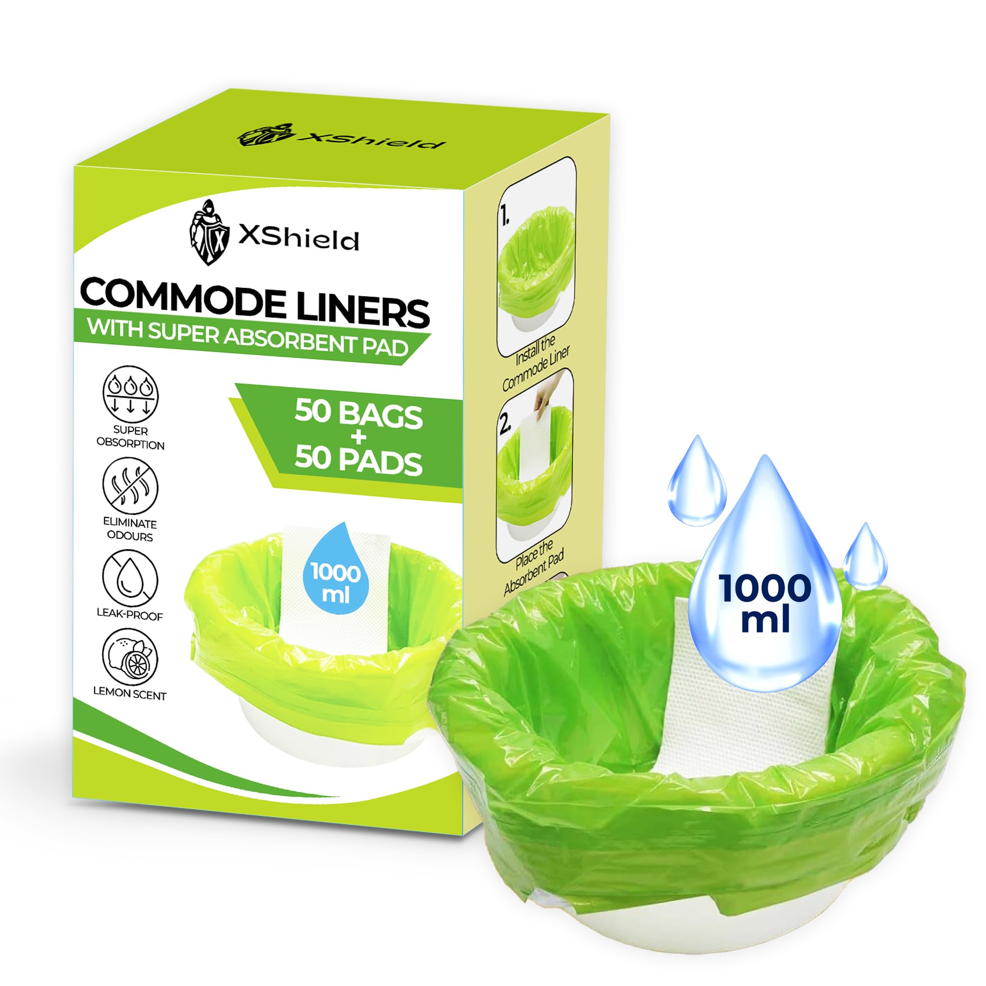 Double Dragon 50 Commode Liners with 50 Absorbent Pads | Disposable Toilet Bags for Bedside Commodes, Camping & Portable Toilets | Leak-Proof, Odor Control, Fresh Aroma, Easy Drawstring Closure