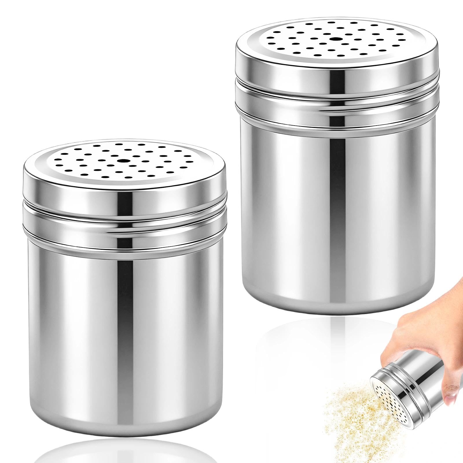 2 Pièces Distributeur D'assaisonnement Polyvalent, Grand Saupoudreuse à Epices, Argent Bouteille D'assaisonnement en Acier Inoxydable,Conception à Trous Complets, pour Sel, Cannelle, Paprika