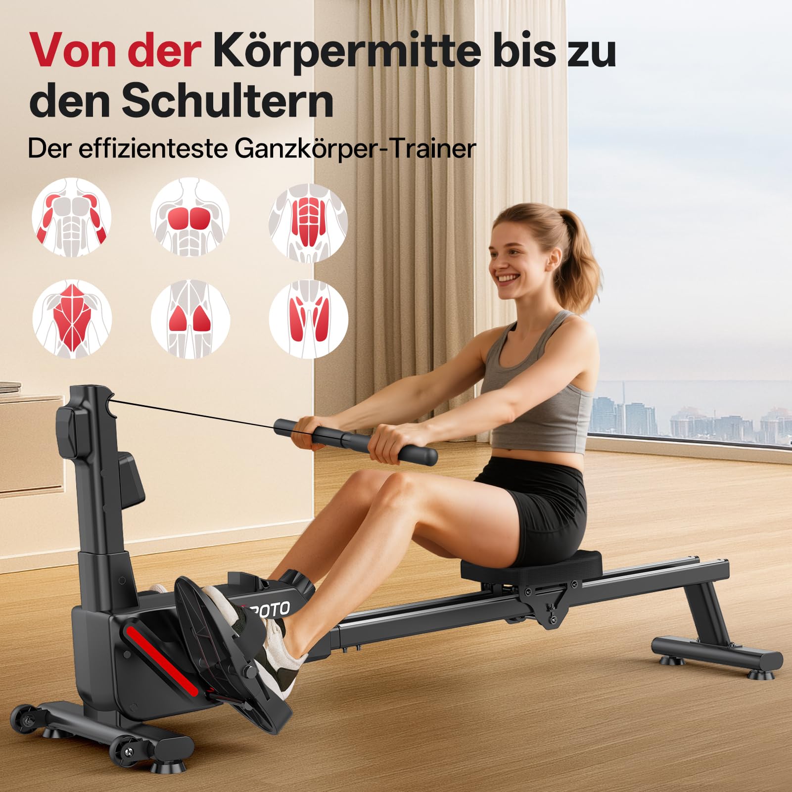JOROTO Rudergerät für Zuhause, 16 Magnetwiderstand, Ultra-leises Magnetisches Rudergerät mit Kinomap App, Doppelschienen für Stabilität & Komfort, Platzsparend & Einfacher Aufbau – Heimfitness