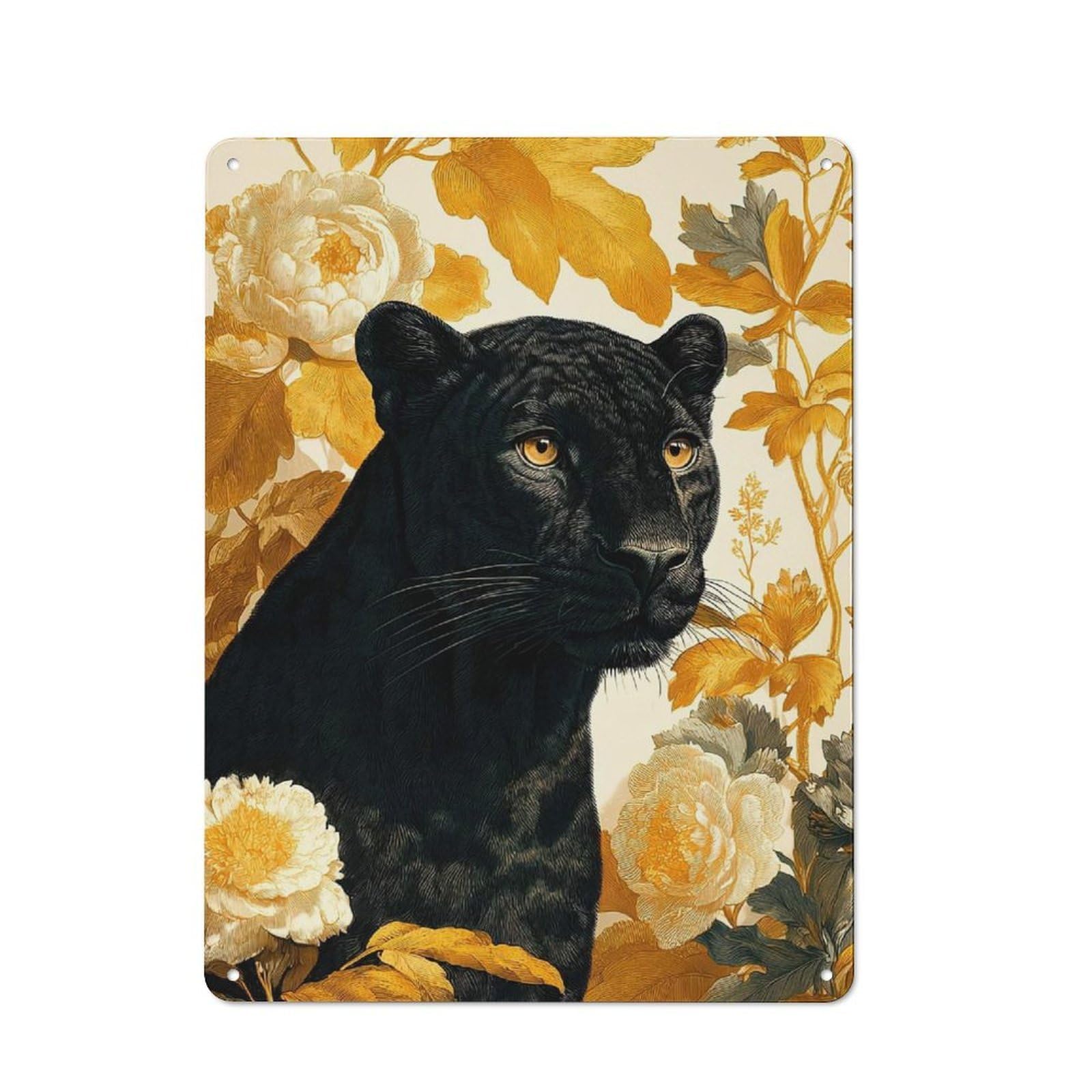 Junmoney Black Panther With Floral Background Vintage Metal Wall Decor 40X30cm, Tin Wall Sign For Restaurant, Kitchen, Counter Or Breakfast Nook