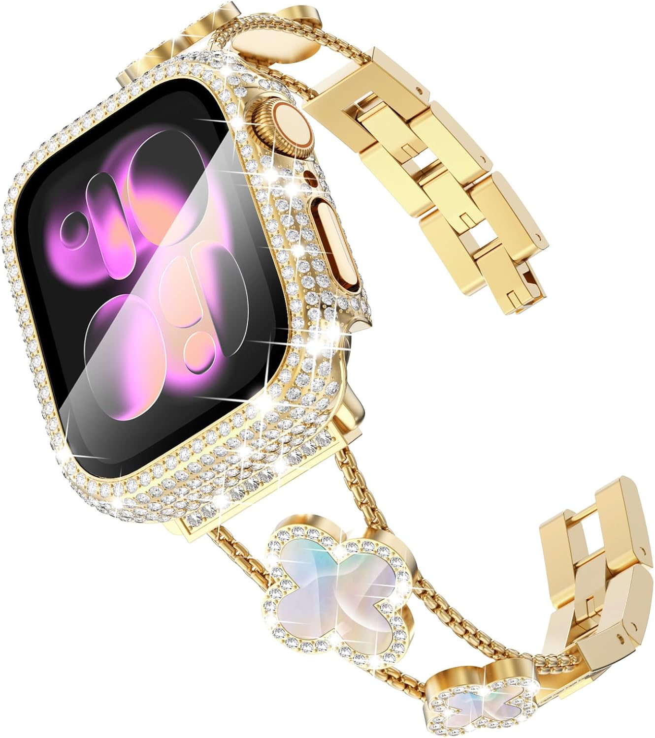 Surace Compatible with Apple Watch Bands for Women 46mm 45mm 44mm 42mm, Jewelry Diamond Rhinestone Metal Wristband Clover Strap with Bling Protective Case for iWatch Series 11/10/9/8/7/6/5/4/3/2/1/SE3