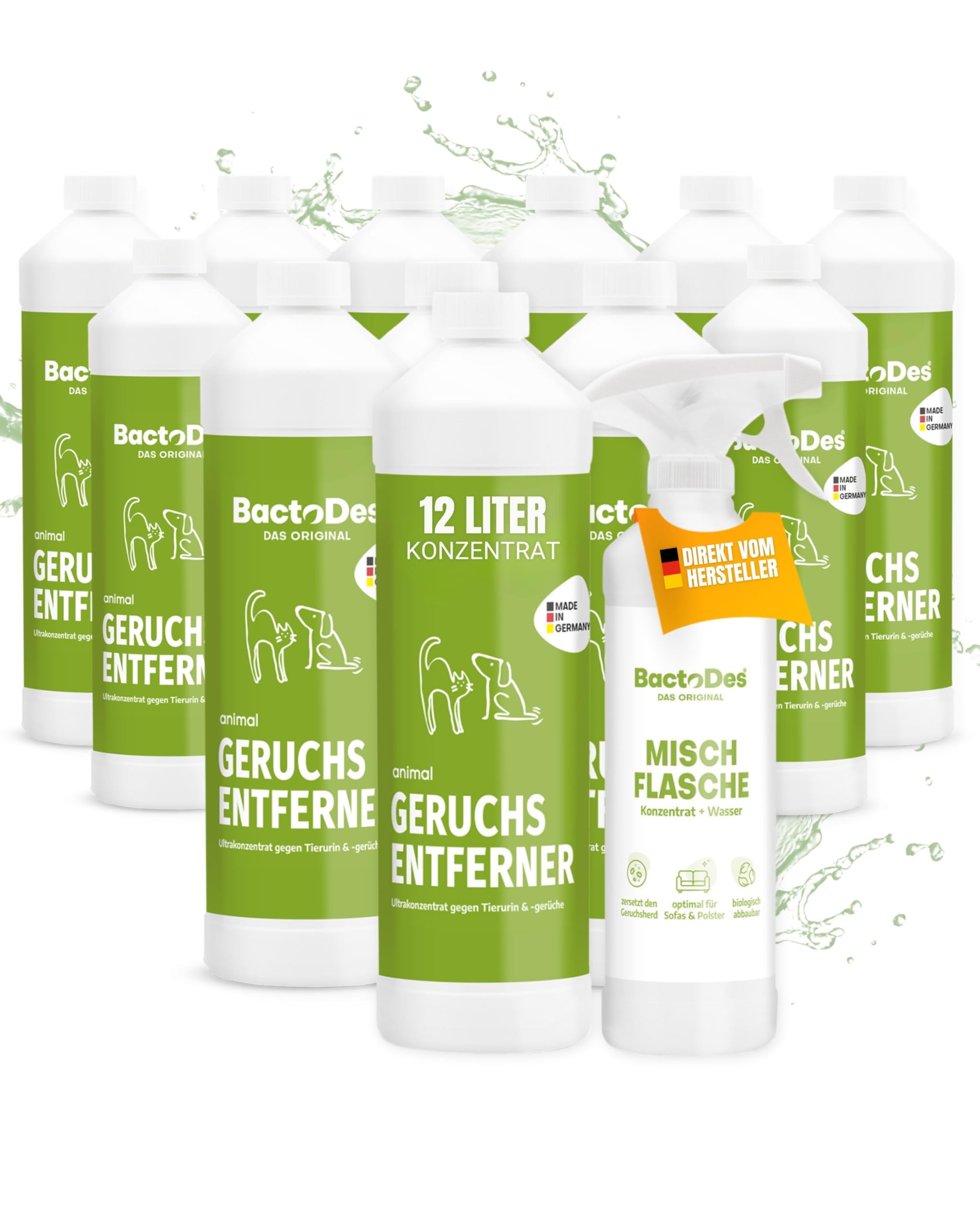 BactoDes - Animal Geruchsneutralisierer 12L Konzentrat mit Spray-Mischflasche - Starker Enzymreiniger Katzenurin, Hundeurin & Tiergerüche - Effektiver Geruchsentferner mit Bio Mikroben-Wirkung
