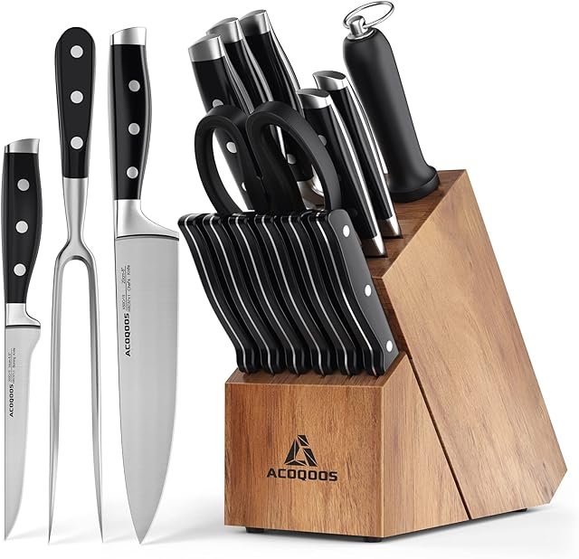 ACOQOOS Knife Sets with Block, Kitchen Knife Set 17 Pcs with Boning Knife and Carving Fork