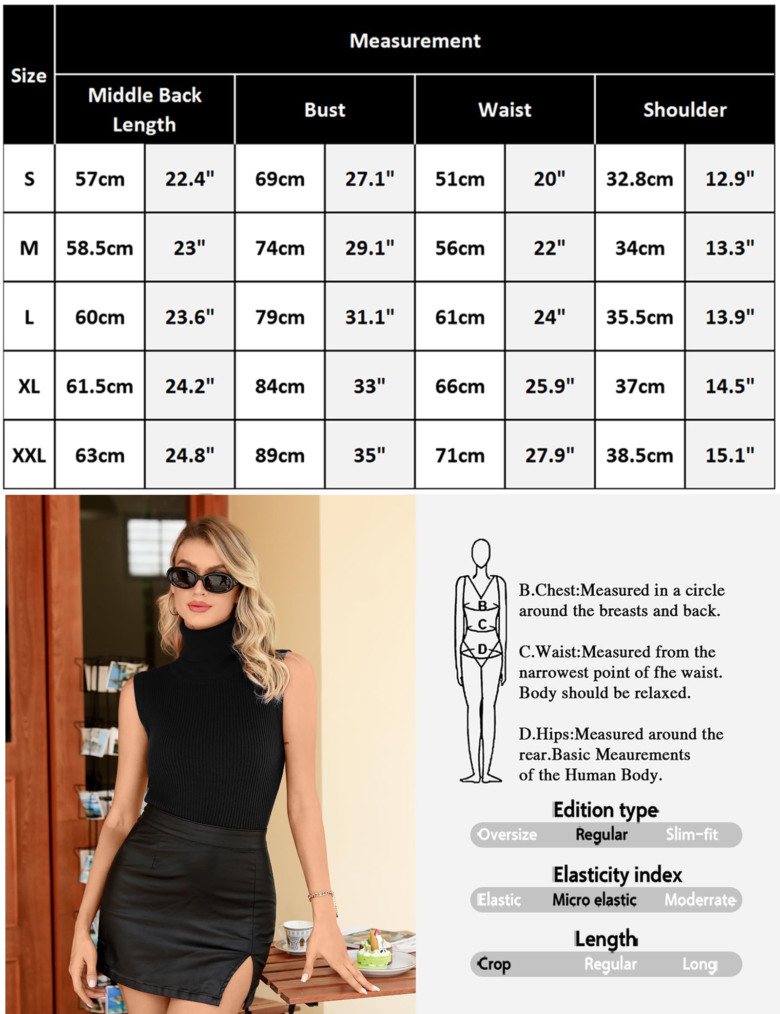 Gyabnw Top Top Kobiety z wysokim dekoltem bez rękawów z dzianiny Lupetto moda sweter sweter kamizelka elegancka golf jednolity kolor ciepły miękki casual Basic jesień i zima S-XXL, Czarny, S