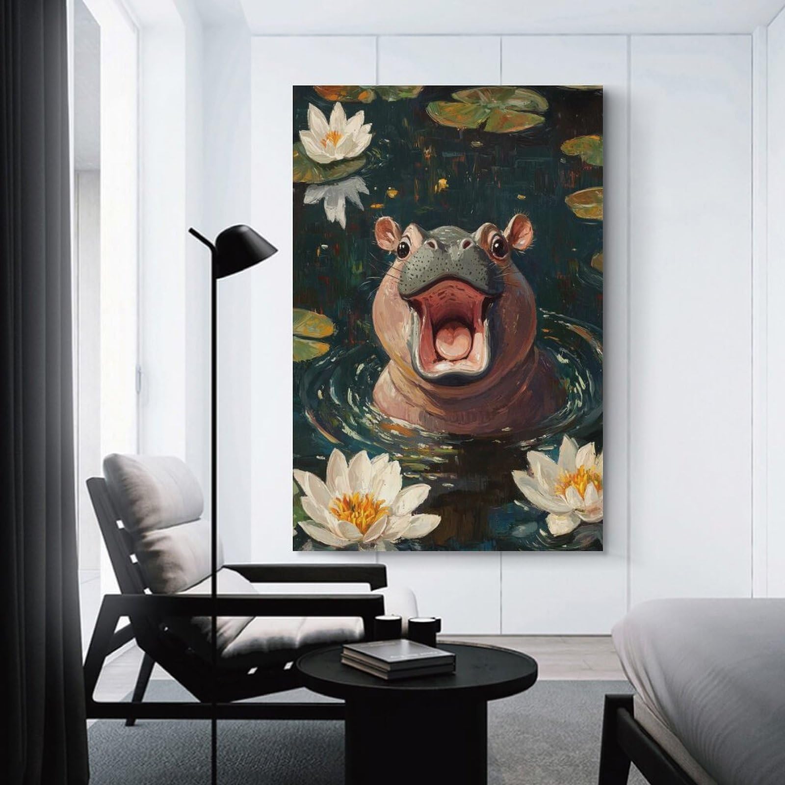 Junmoney Smiling Hippo in Water Lilies Home Decor Wall Art 20x30inch(50x75cm), for Living Room, Lounge Or Sitting Room, A Home Accent with Warm Character