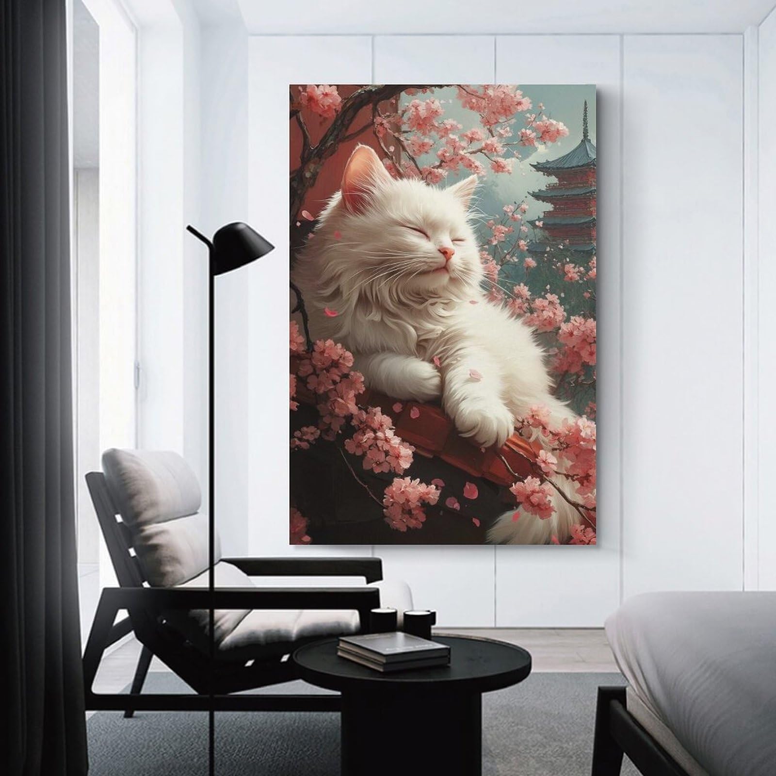 Junmoney White Cat with Cherry Blossoms Home Decor Wall Art, 16x24inch(40x60cm), for Wall Displays, Bedrooms Or Room Updates, Ideal for Building A Coordinated Art Wall