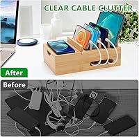 Vista 4 de Bamboo Charging Station for Multiple Devices, Desktop Charger Organizer with Tray& Drawer, Wooden Docking Station for Smart Devices, Cell Phone