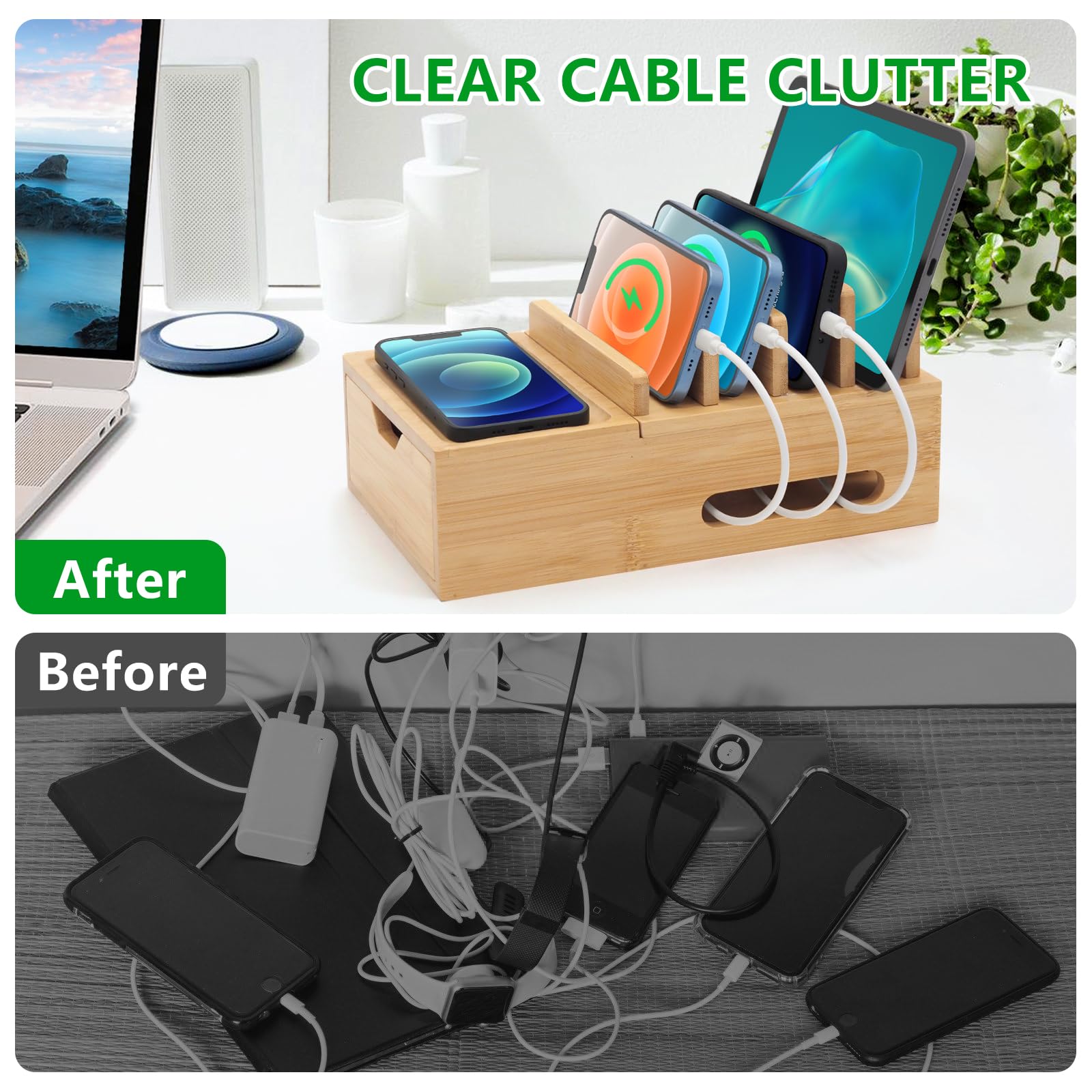 Bambus-Ladestation für mehrere Geräte, Schreibtisch-Lade-Organizer mit Schublade und Ablage, Holz-Dockingstation inklusive 6 Kabeln, kompatibel mit iPhone-Geräten, Handy, Tablet (kein USB-Ladegerät)