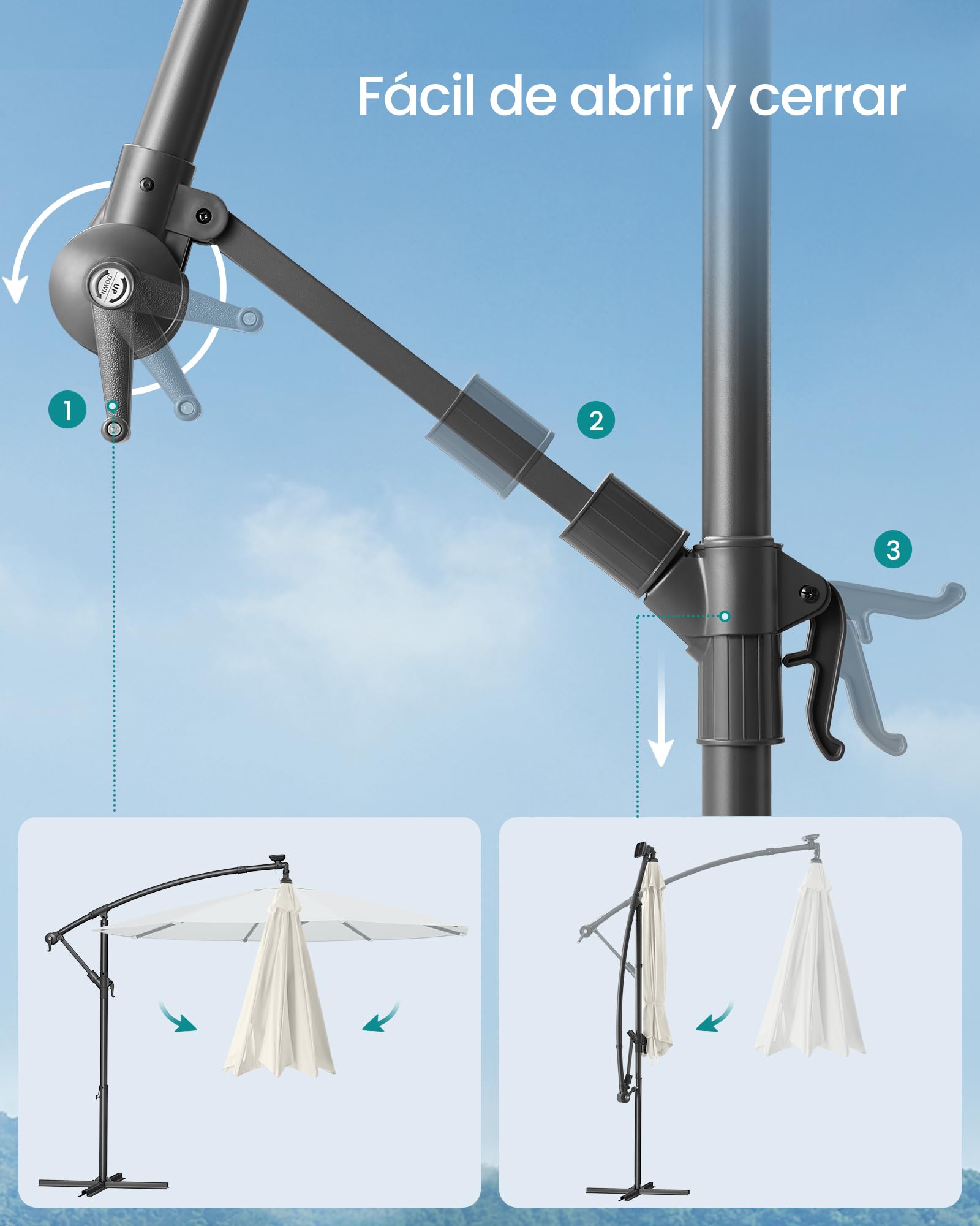 SONGMICS Sombrilla para Balcón con Iluminación LED Solar, Brazo de 350 cm de Diámetro, 32 Luces, con Base, Parasol UPF 50+, con Manivela, para Terraza, Jardín, Beige GPU119LZ01
