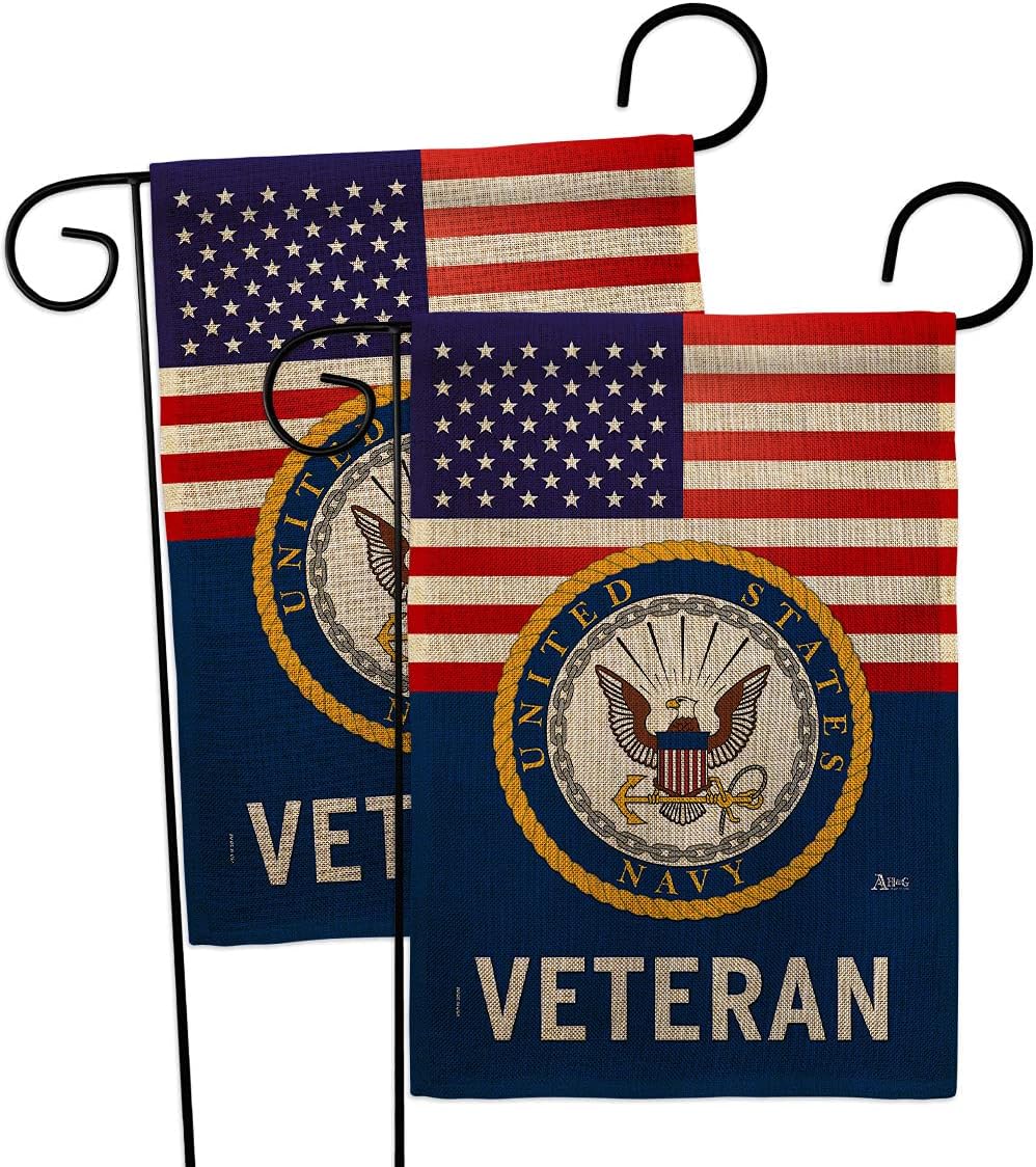 US Navy Veteran Burlap Garden Flag - 2pcs Pack Armed Forces USN Seabee United State American Military Retire Official - House Decoration Banner Small Yard Gift Double-Sided Made in USA 13 X 18.5