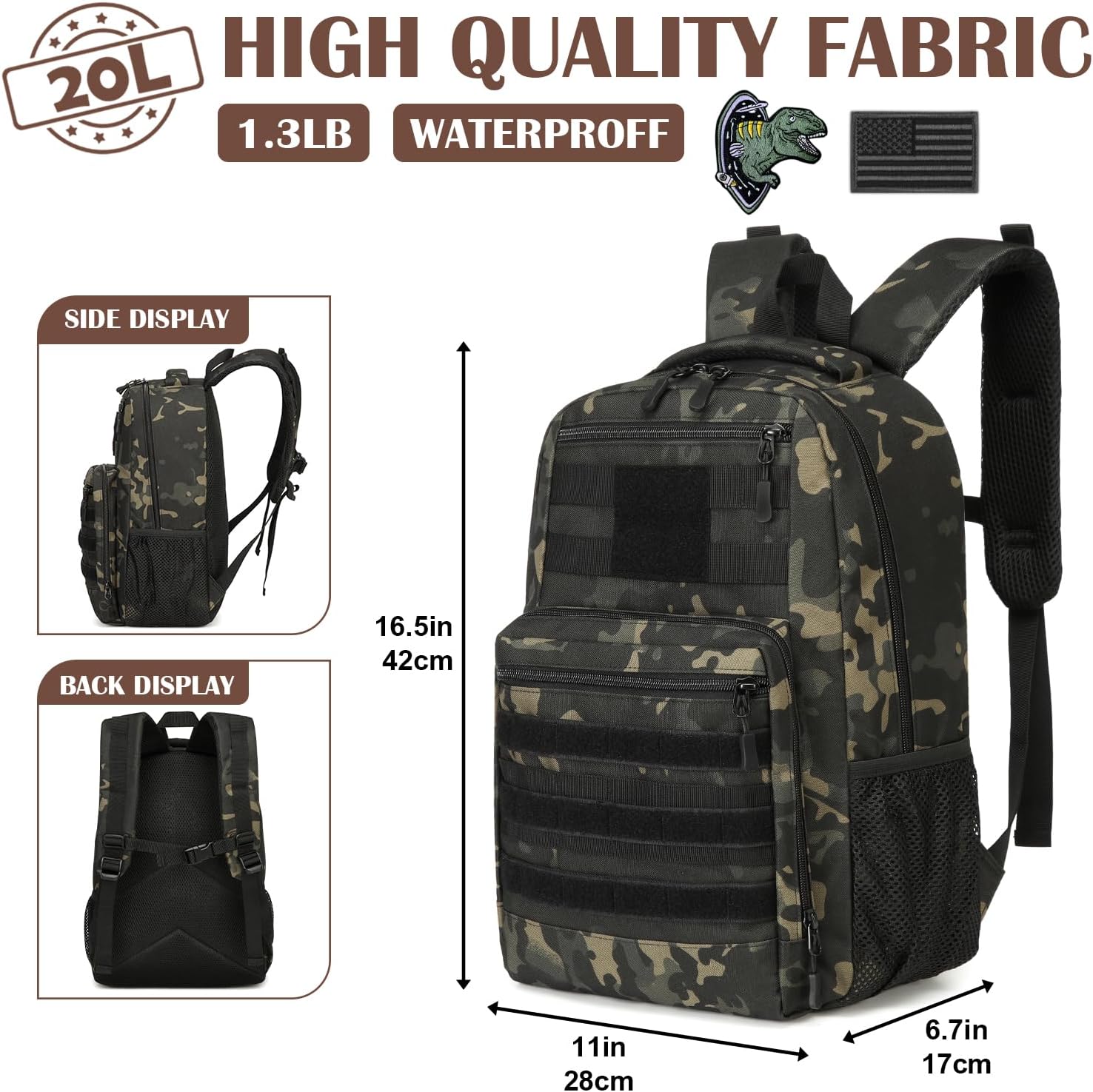 Kids Tactical Backpack Army Molle Bookbag Military Boys Backpack for School, Outdoor, Camping, Black CM - Image 2