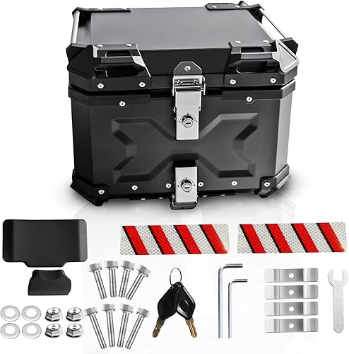 Miniatura 7 de Funda superior universal para motocicleta, caja trasera de motocicleta de 65 L, con respaldo, bloqueo de seguridad y asa para equipaje de casco,