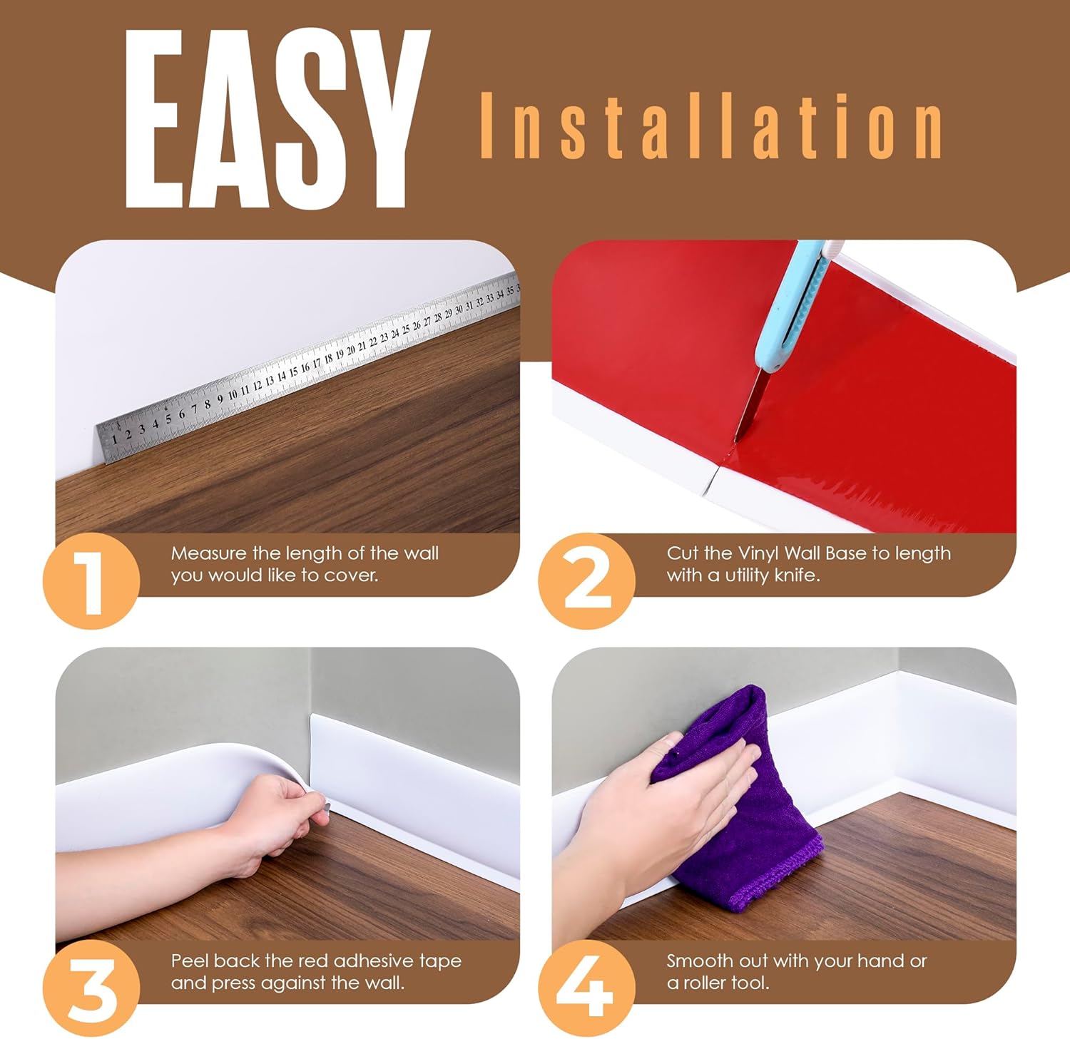 Houseables Baseboard Trim, Rubber Baseboard, Rubber Molding Trim, Base Boards for Walls, Cove Base, Flexible Molding, Peel and Stick, Self Adhesive, Vinyl Coving, for Garage, Floor, White, 4in x 60ft
