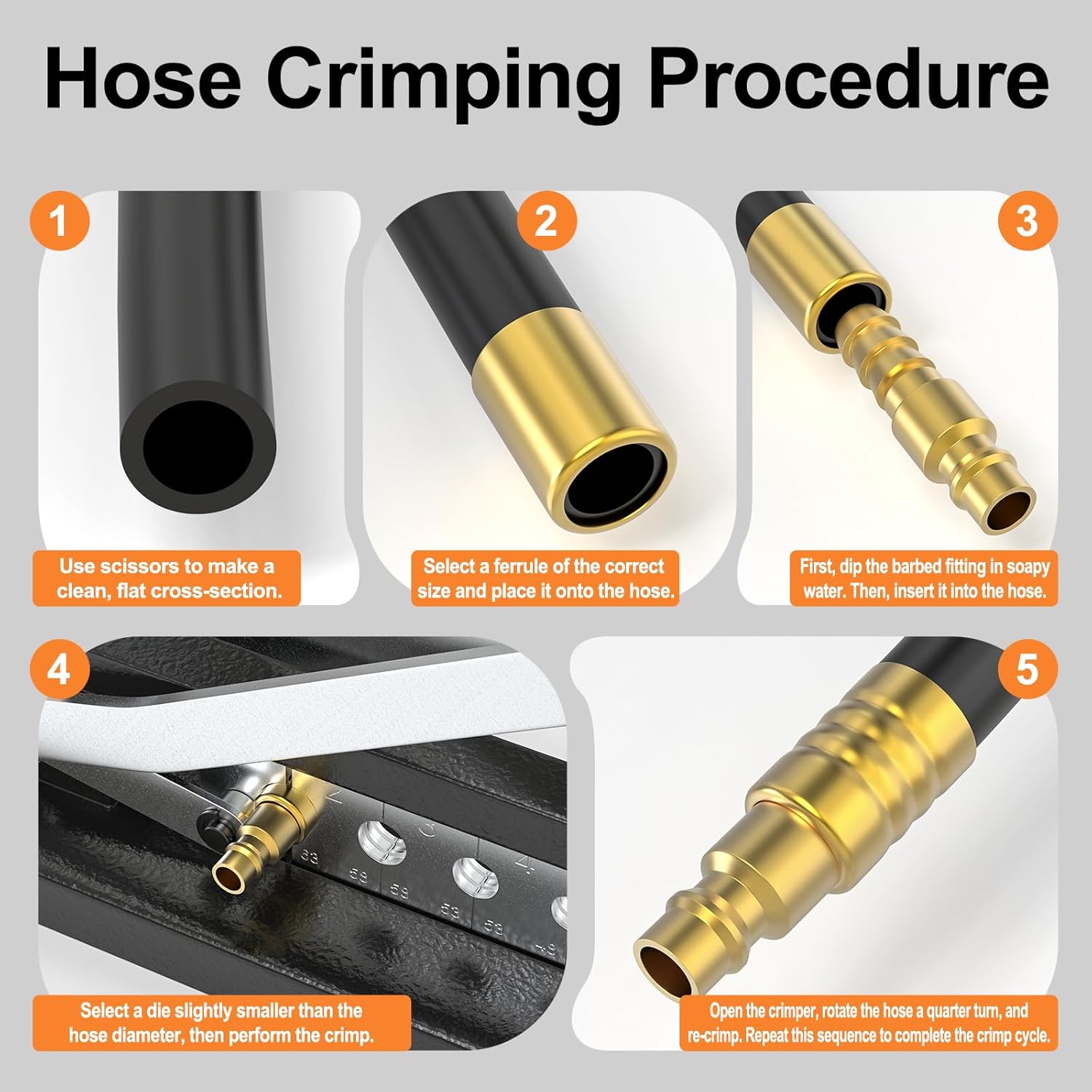 GASHER Heavy Duty Hose Ferrule Crimping Tool, 1/4", 5/16", 3/8" Air Hose Crimping Tool for 1/4", 5/16", 3/8" Hoses with 100pcs Brass Ferrules
