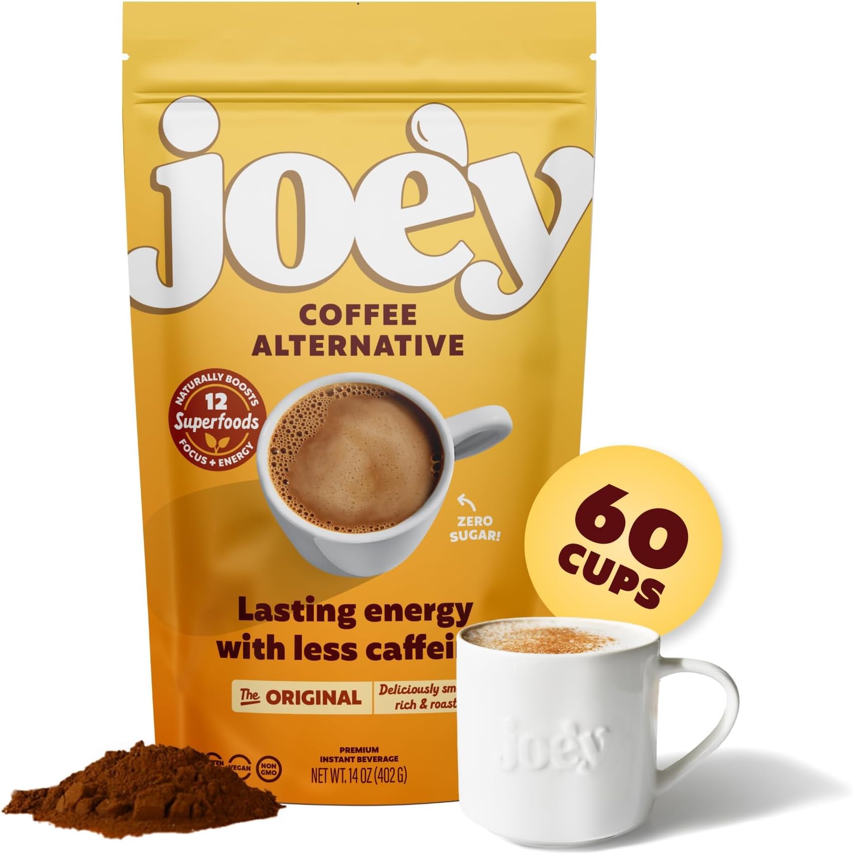 - Joey Mushroom Coffee Alternative with Cacao Dandelion Root, and Chicory, Instant Mushroom Coffee Substitute with Superfoods, Vegan Gluten-Free Energy Drink for Focus and Calm, 60 Servings