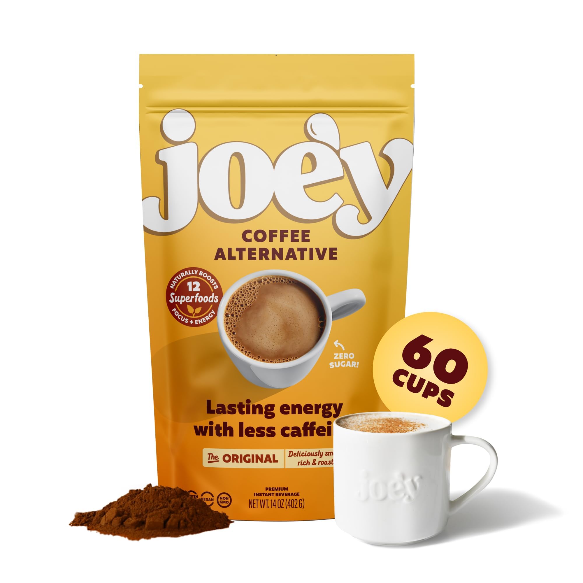 Joey Mushroom Coffee Alternative with Cacao Dandelion Root, and Chicory, Instant Mushroom Coffee Substitute with Superfoods, Vegan Gluten-Free Energy Drink for Focus and Calm, 60 Servings