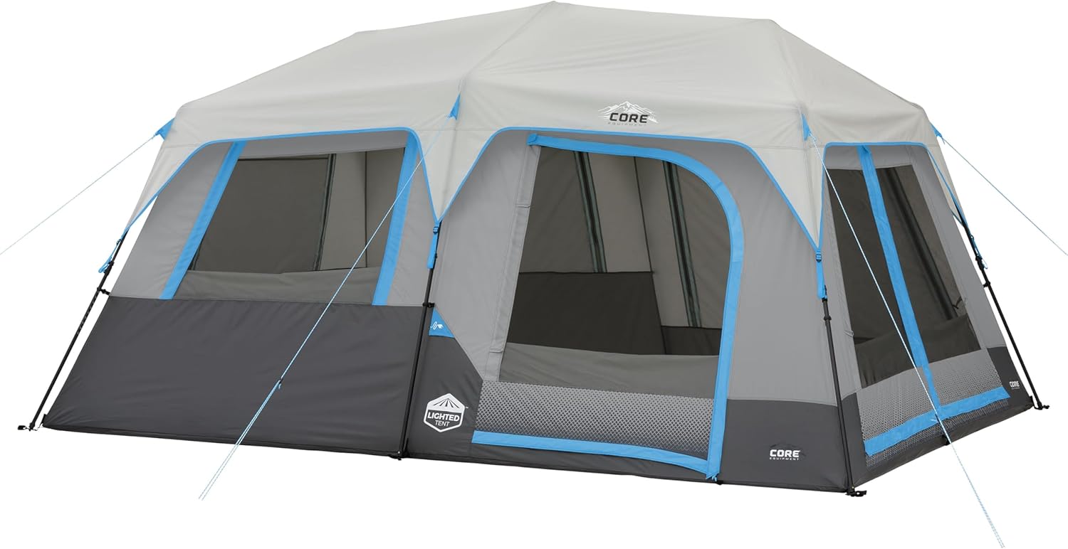 CORE 10 Person Instant Cabin Tent with LED Lights | Large Multi Room Family Lighted Pop Up Tent for 2 Minute Camp Setup | Included Storage Pockets for Camping Accessories