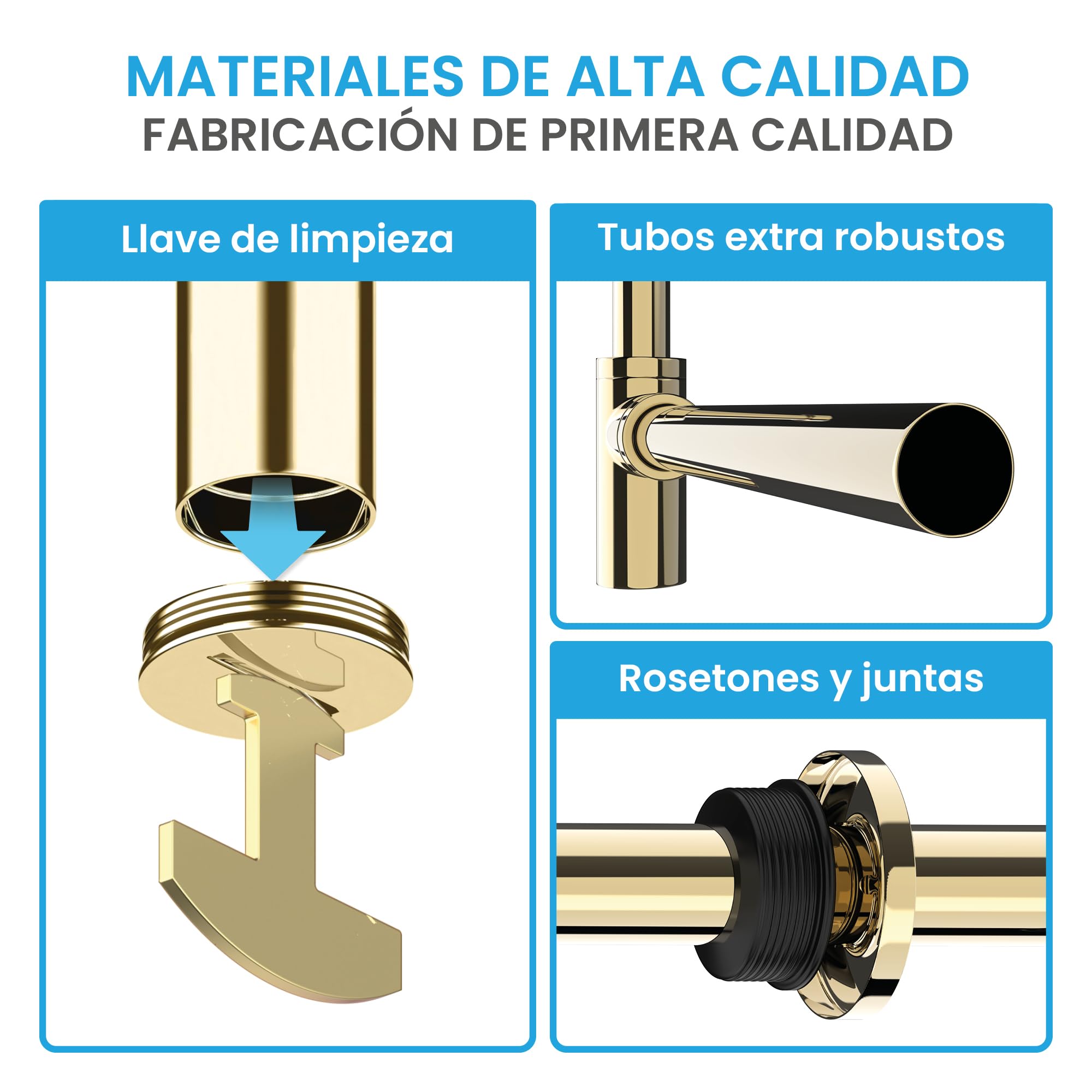 Bächlein Sifón Universal de Diseño Dorado para Lavabos y Lavamanos - Set de Desagüe - Trampa con Abertura de Limpieza + Instrucciones de Instalación - Sifón de Diseño, Sifón de Tubería