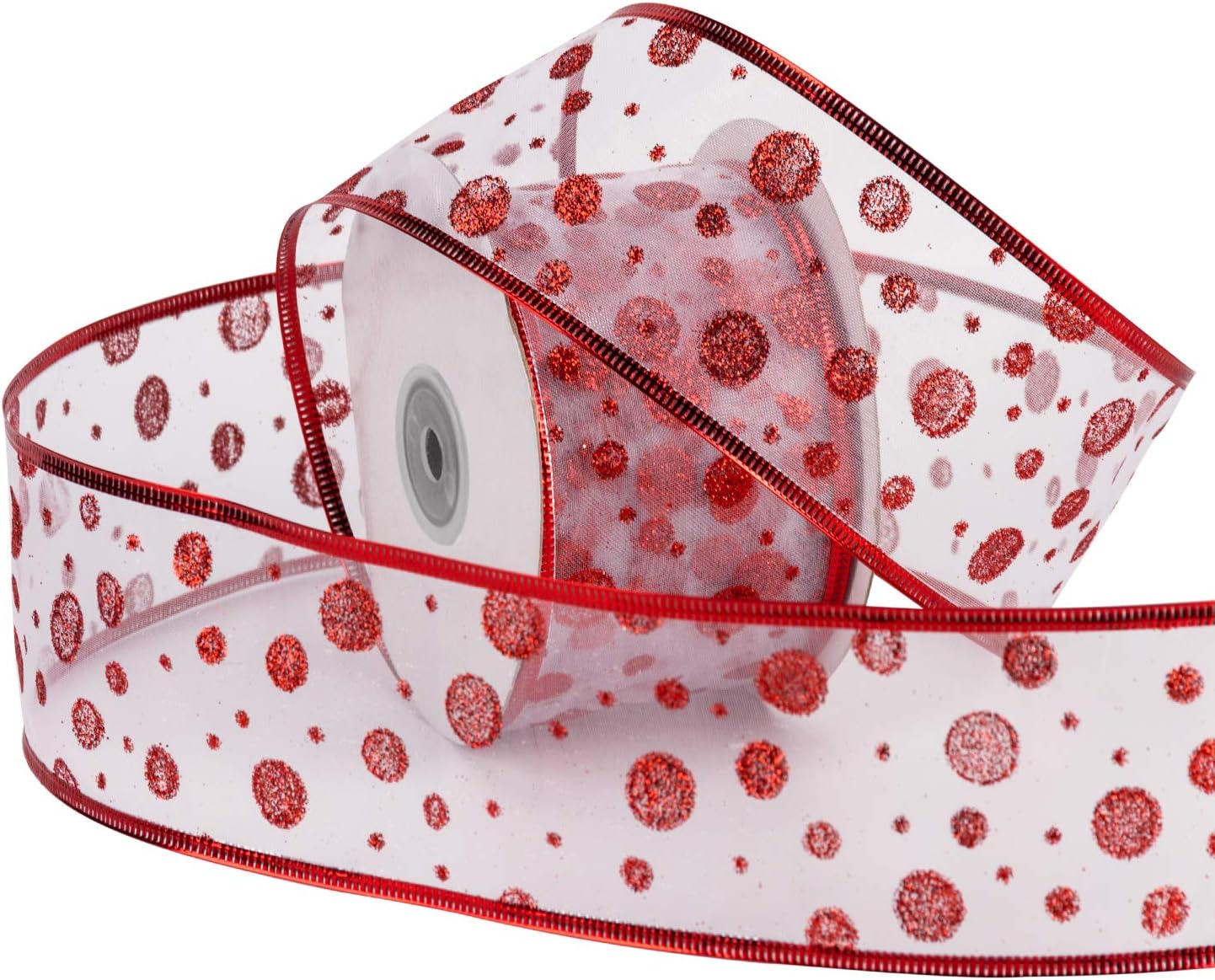 RUSPEPA Wired Christmas Holiday Ribbon - Red Swirl Sheer Glitter Ribbon - 6.3CM x 22M Each Roll - Red Wired Edge