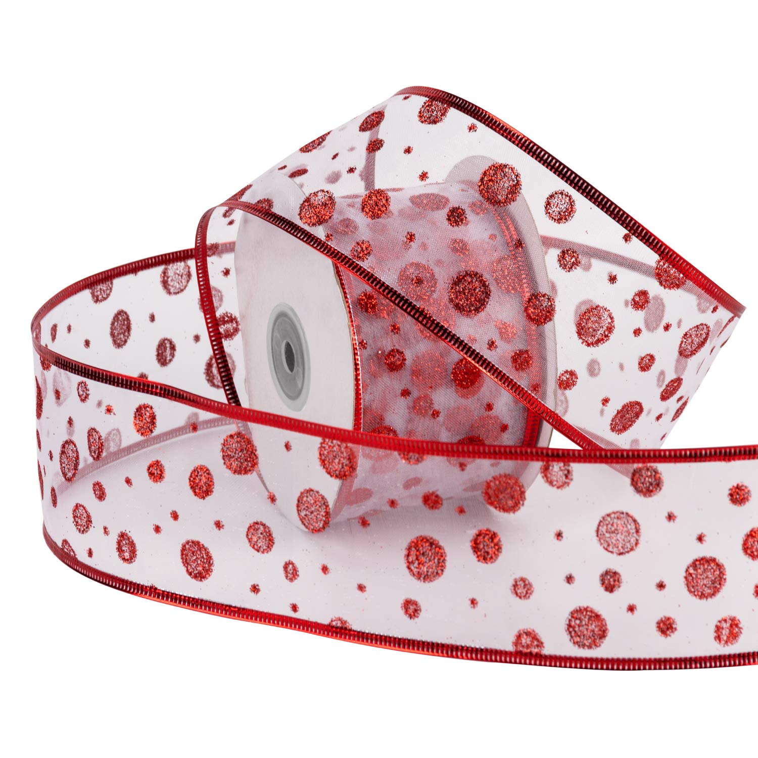 RUSPEPA Wired Christmas Holiday Ribbon - Red Swirl Sheer Glitter Ribbon - 6.3CM x 22M Each Roll - Red Wired Edge