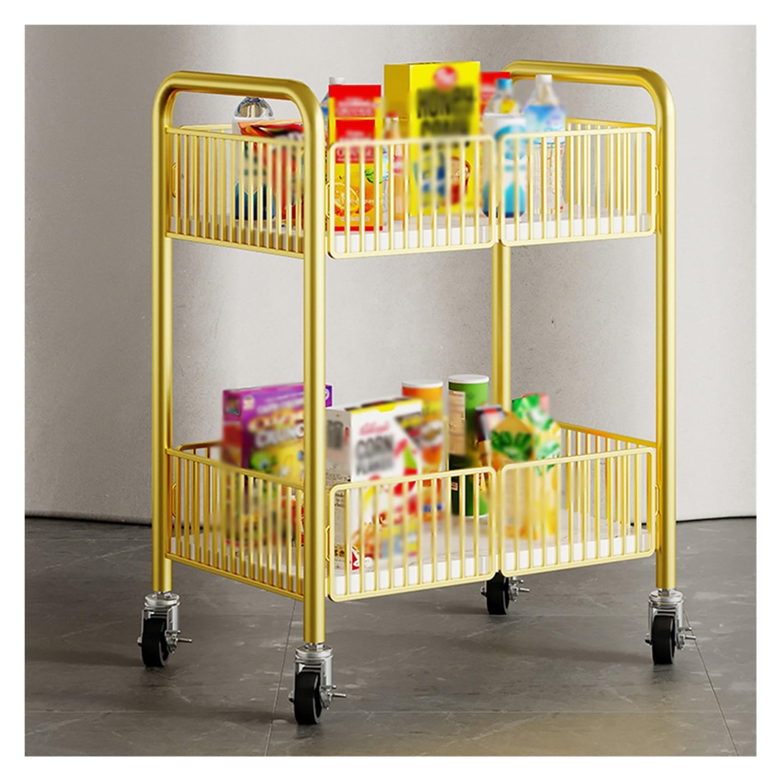 Carrello di Servizio Mobile a 2 Livelli, Pieghevole, con Ruote, Moderno mobiletto da Cucina per Sala da Pranzo, Carrello da Bar in Metallo (Colore: Oro)
