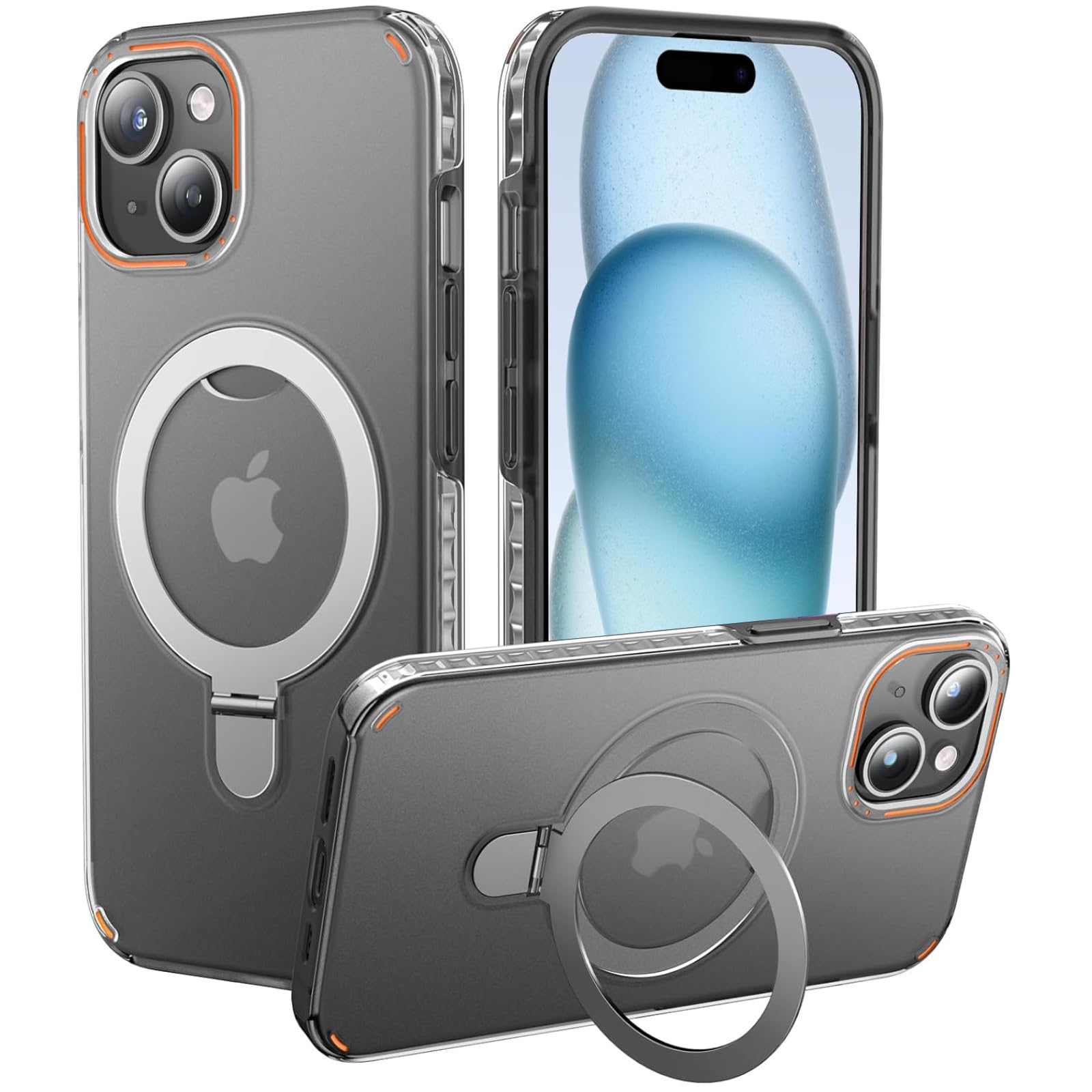 PinLiSheng iPhone 15 ケース Magsafe対応 いPhone 15 ケース スマホカバー ワイヤレス充電対応 Halbachマグネット搭載 スタンド機能 米軍MIL規格 耐衝撃 半透明 指紋防止 アイフォン 15 カバー (薄い黒, iPhone 15)