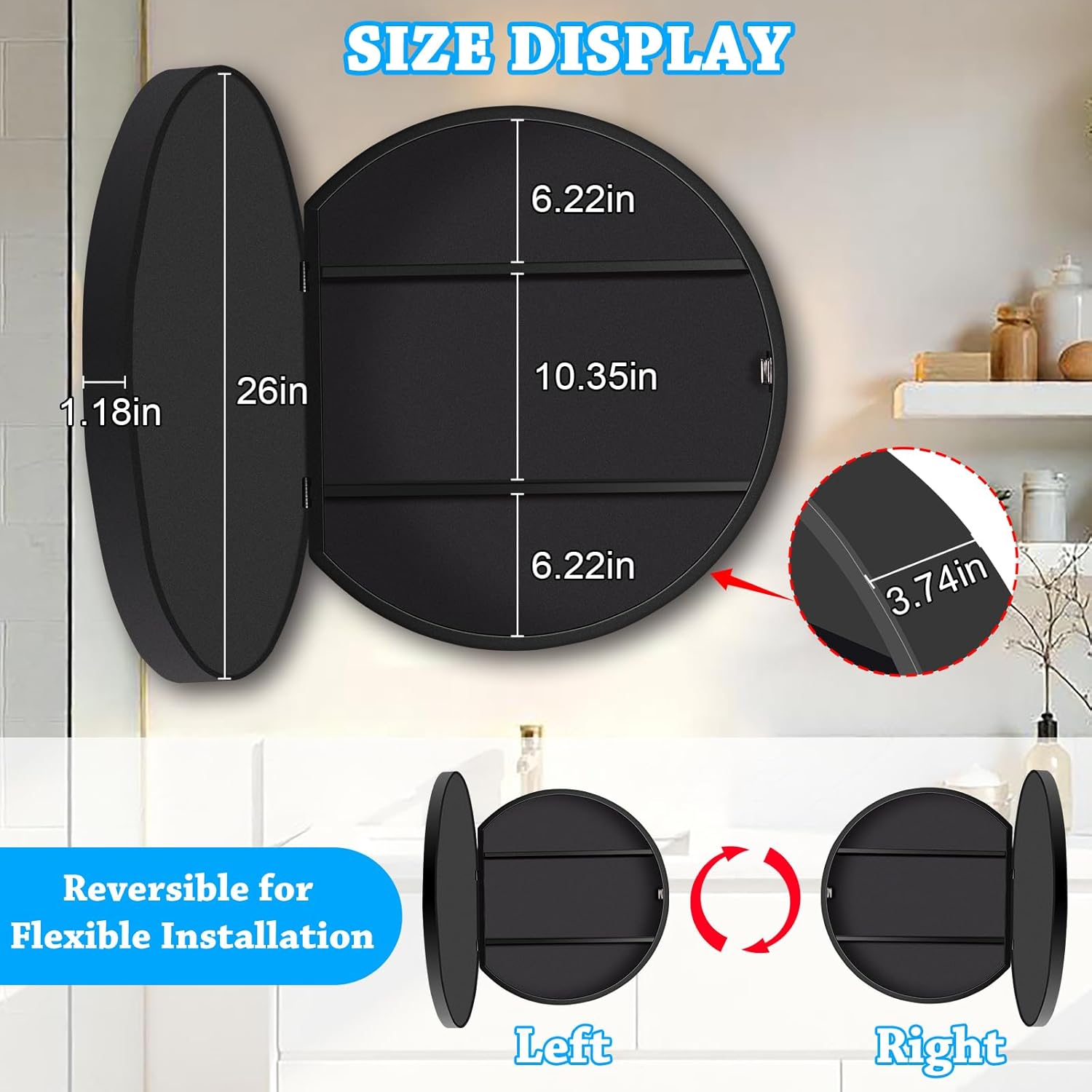 26 x 26 Inch Round Medicine Cabinet with Mirror, Surface Mount Only, Black Metal Frame Bathroom Mirror Cabinet, Modern Shatterproof Vanity Mirror with Storage