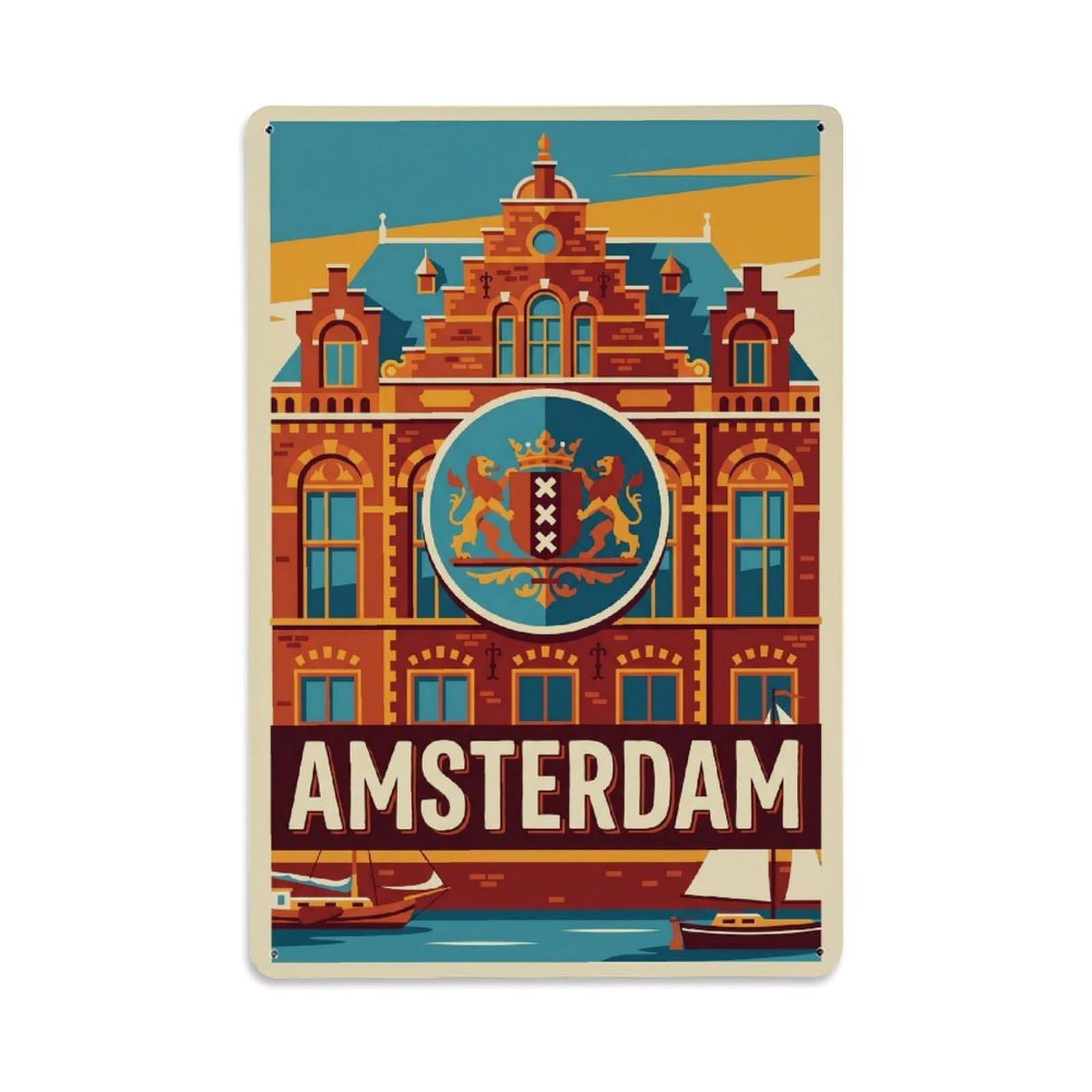 Okngb Style Amsterdam Canal District Waterway Retro Tourism Quay Metal Tin Sign Plaque Wall Decor For Cafe, Man Cave, Club Bar, Office, Home Garden Round Metal Poster 8X12inch