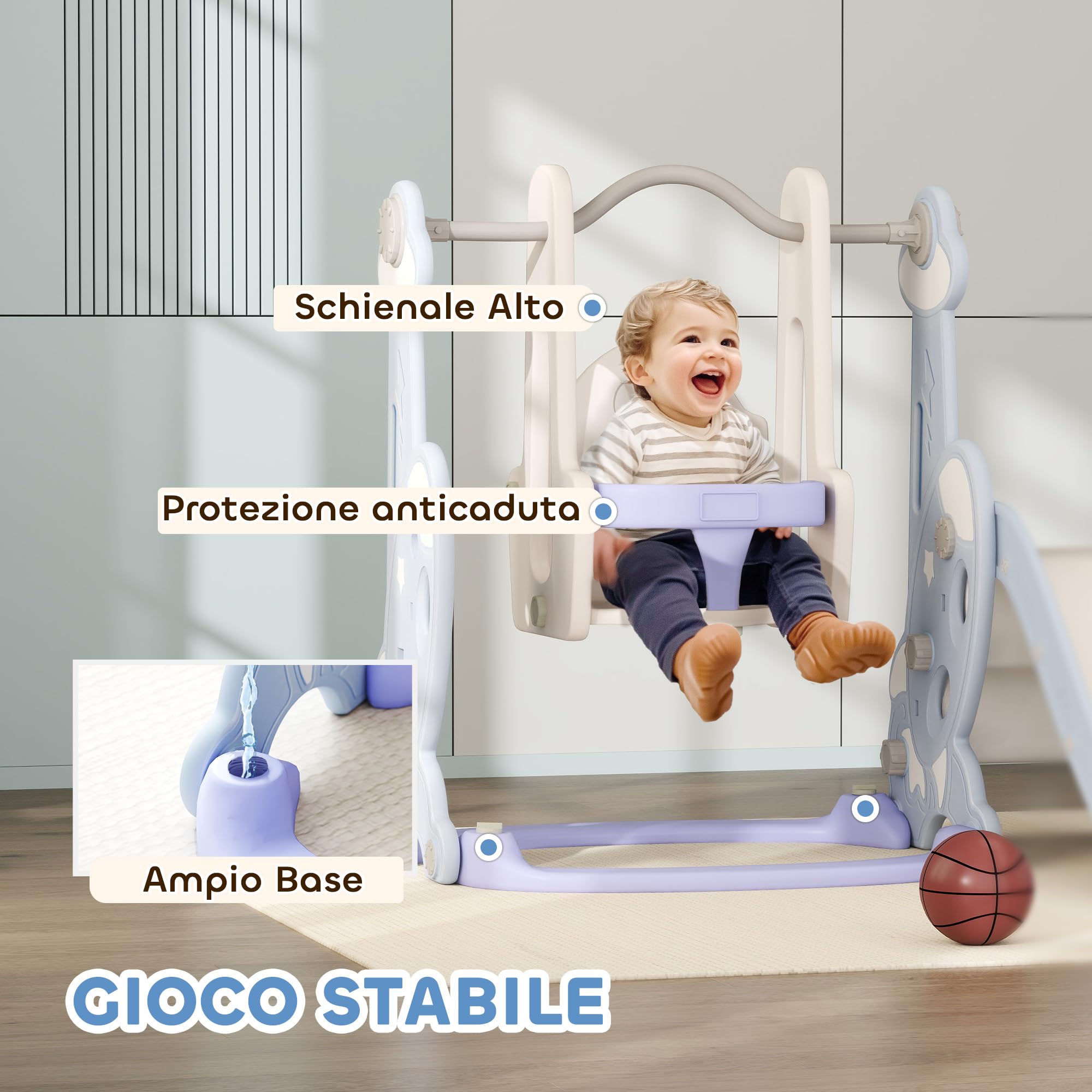 AIYAPLAY Scivolo per Bambini 4 in 1, Scivolo da Giardino Autoportante con Altalena, Scaletta da Arrampicata e Cestino da Basket, Set Parco Giochi per Interni ed Esterni, Cameretta, 18-48 Mesi, Azzurro