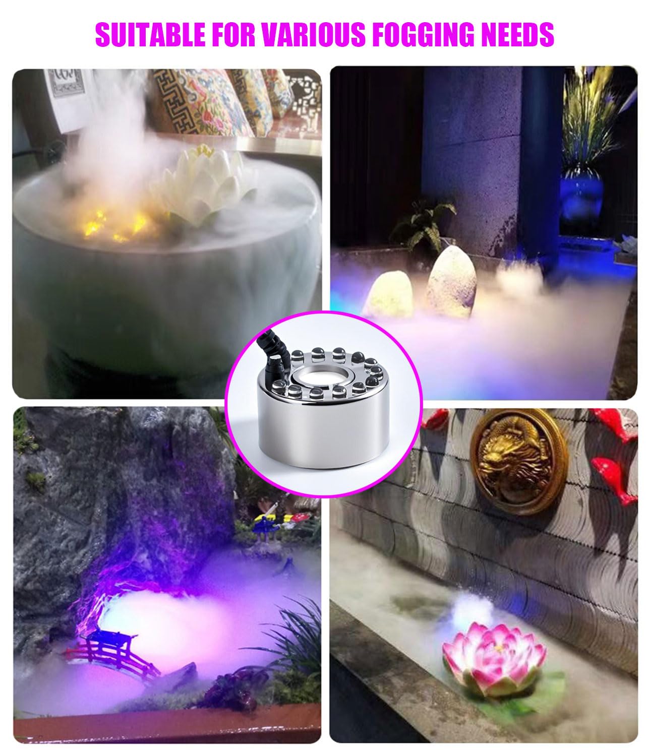 KINGYEENUO Fogger - Fogger a ultrasuoni 350 ml/H con 12 luci LED, Splash Guard, Float e 3 dischi di ricambio per acquario, stagno, serbatoio di pesce, alloggiamento rettile, Rocky, fontana interna
