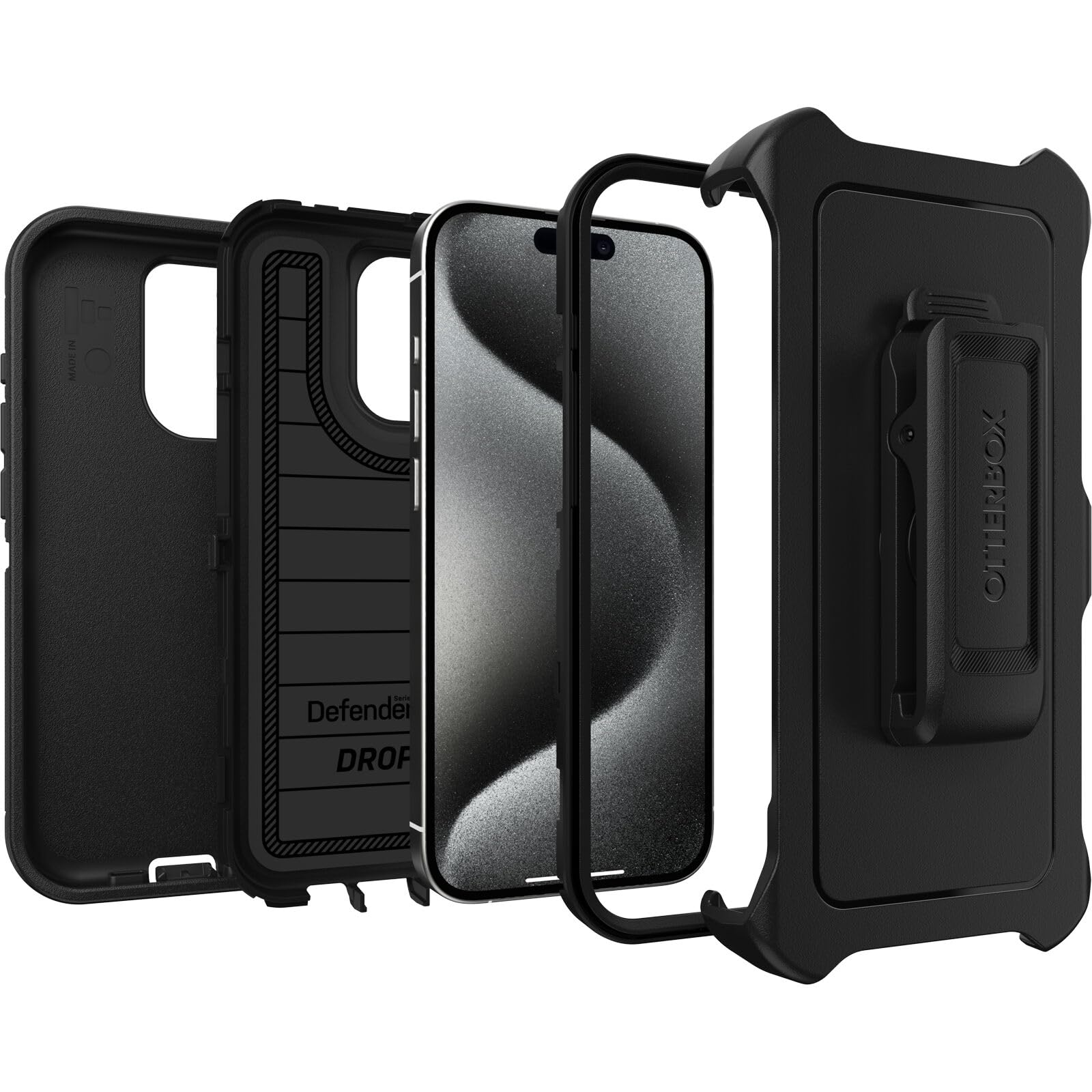 OtterBox Custodia per iPhone 15 Pro (solo) Defender Series Pro, nera, senza schermo, robusta e durevole, con protezione per le porte, include fondina clip cavalletto