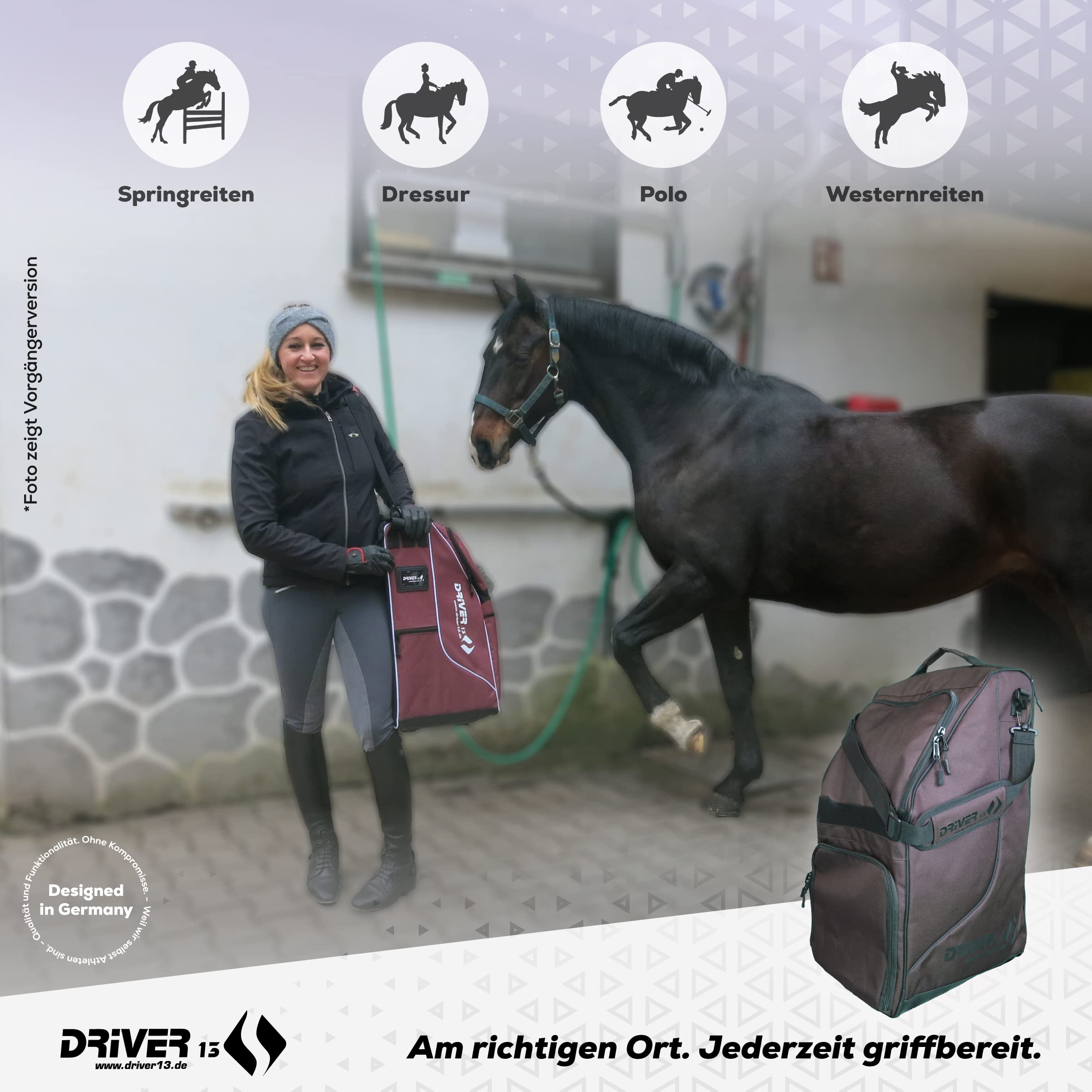 Driver13 borsa stivali equitazione Deluxe con scomparto casco, borsa per stivali fino a 60 cm, tracolla, marrone, 35 x 30 x 60 cm