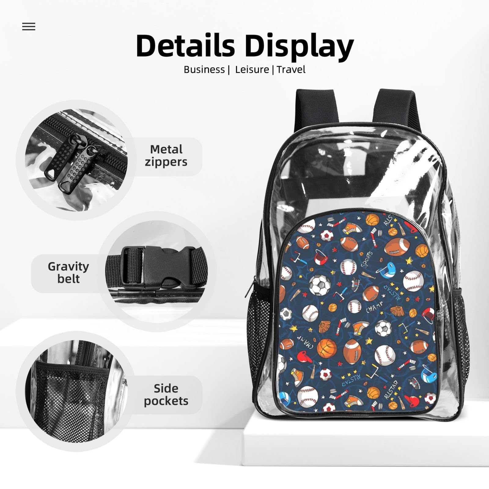 Juego de 3 bolsas transparentes con estampado de juego de béisbol deportivo para niños, bolsa transparente con bolsa de almuerzo aislada incluida