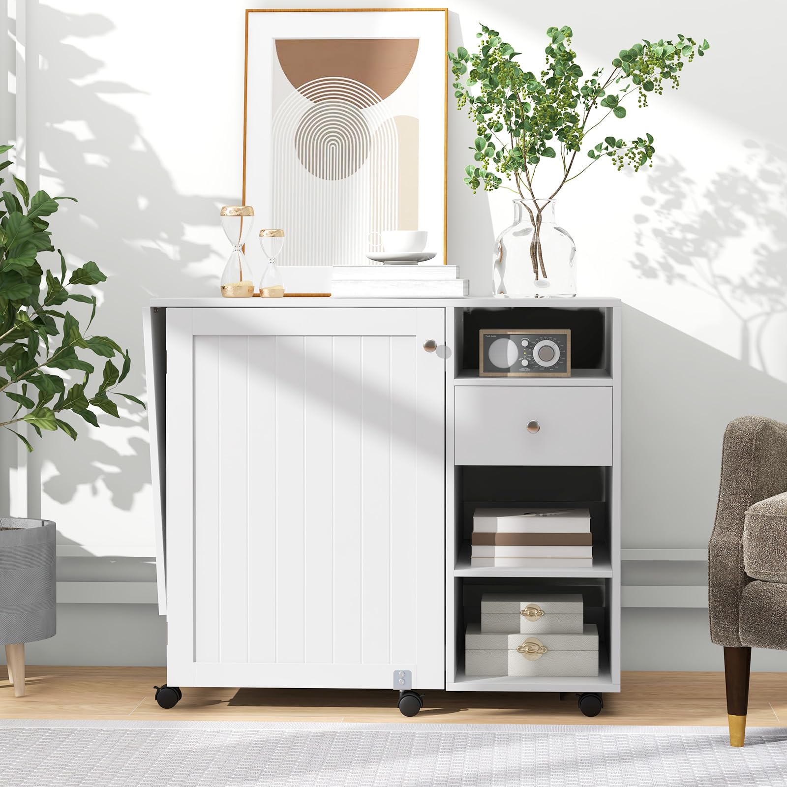 GIANTEX Table de Couture Pliante, Armoire à Couture avec 6 roulettes Verrouillables, 3 Étagères, 3 Compartiments Ouverts, 1 Tiroir, 18 Patères, Meuble Machine à Coudre pour Petits Espaces