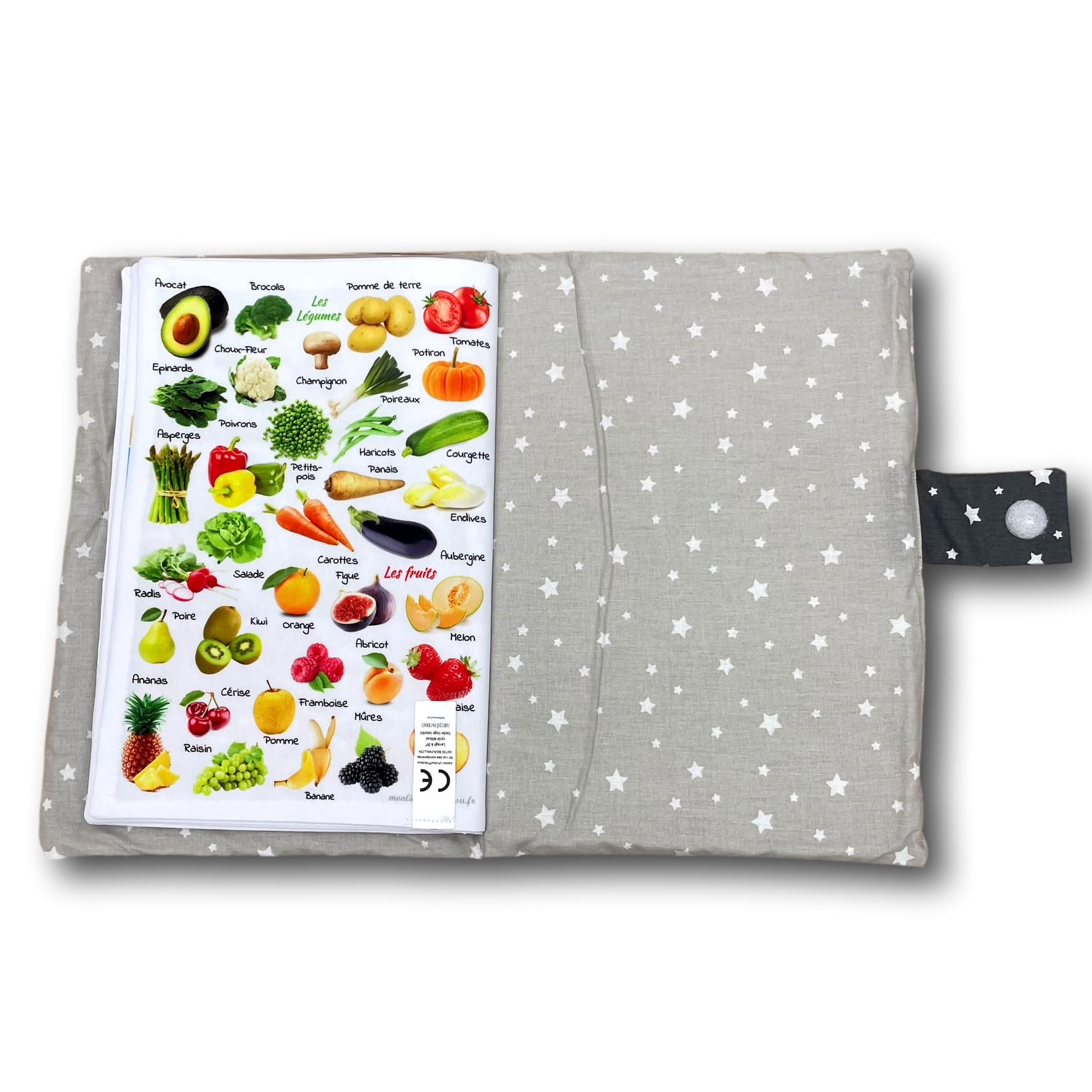 Livre d'éveil éducatif en tissu imagier photo Format A4 couverture étoiles, thèmes animaux, repas, véhicules, couleurs et mots