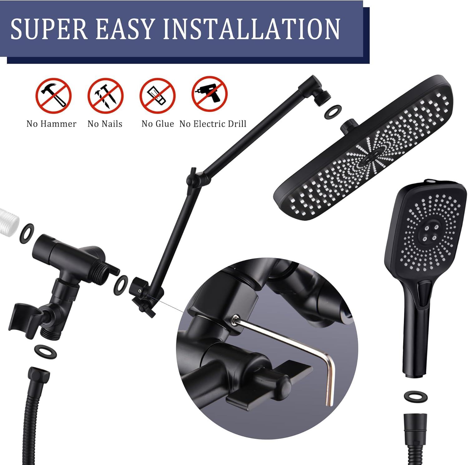 Cuzubro 12" High Pressure Rainfall Shower Head With Handheld Spray, Waterfall Shower Heads, Dual Showerhead With 71" Hose, 3-Way Diverter, Height/Angle Adjustable, Anti-Clog Nozzles, Matte Black
