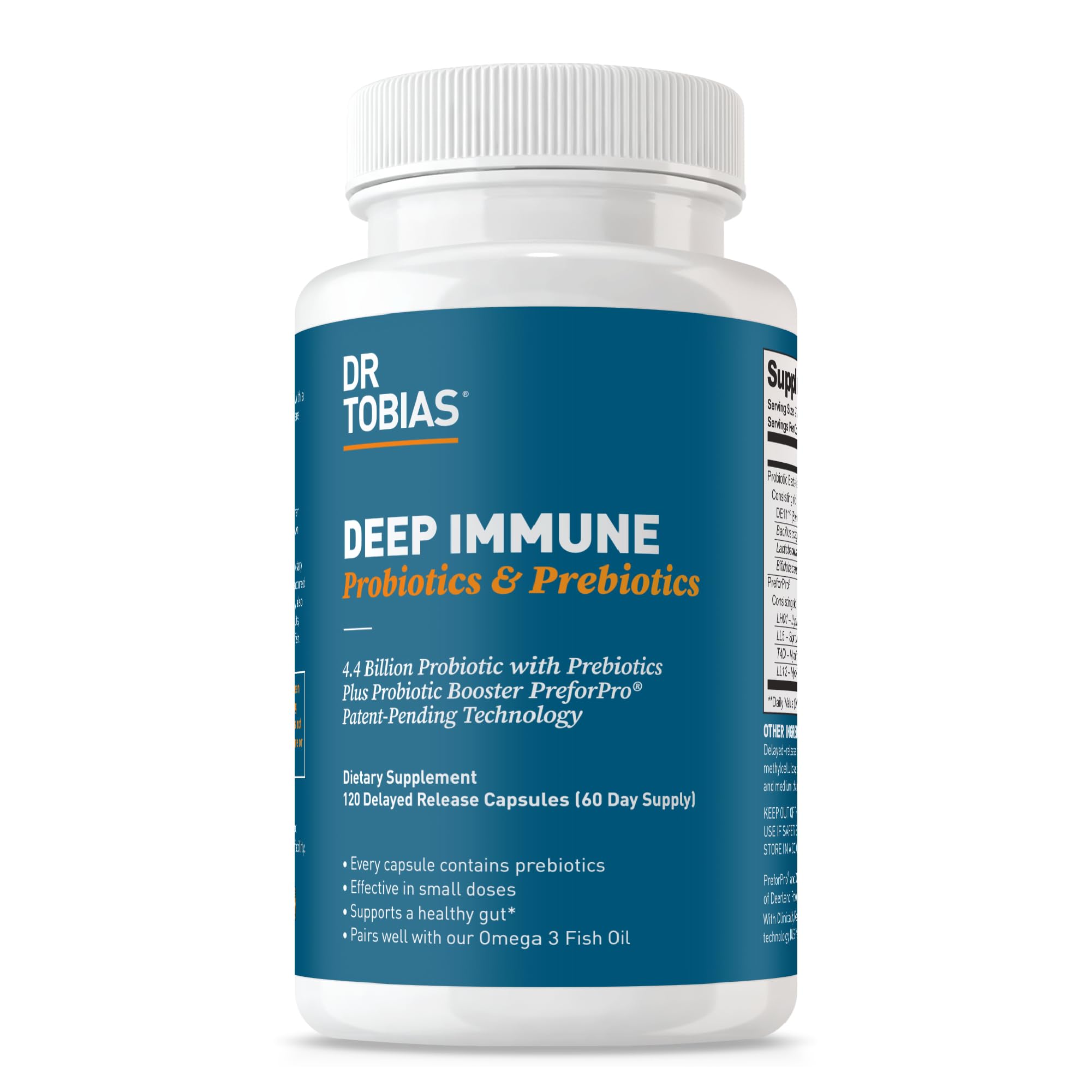 Dr. TobiasDeep Immune Probiotics & Prebiotics, 4.4 Billion CFU Probiotics for Women & Men, Supports Digestive Health, Gut Immune Function, Nutrient Absorption, 120 Capsules, 60 Servings