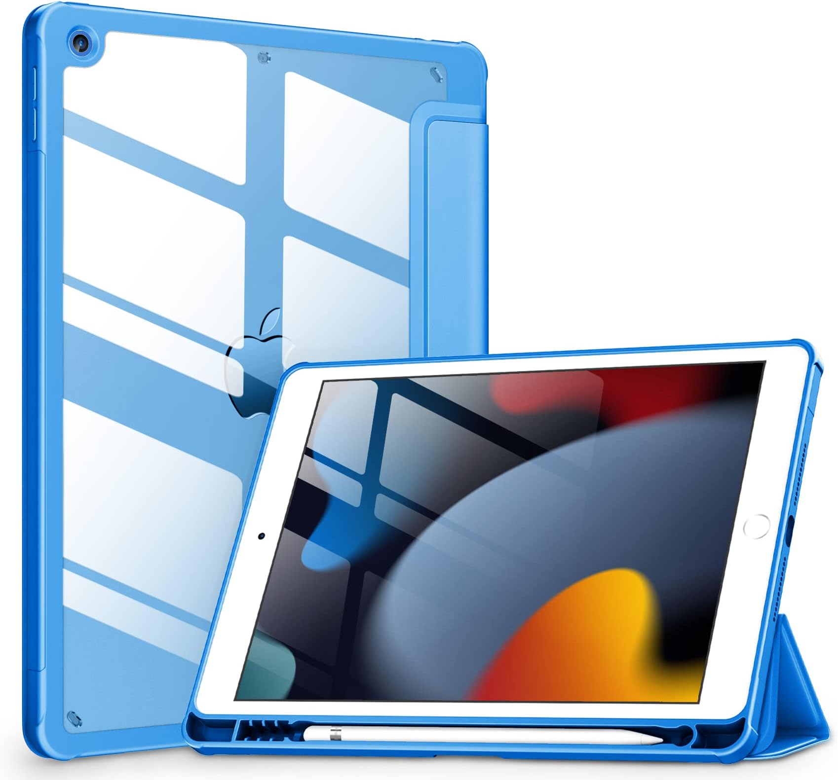 VIKESI Case for iPad 9th / 8th / 7th Generation 10.2 inch (2021/2020/2019 Released), Clear Back, TPU Shockproof Frame Cover[Built-in Pencil Holder,Support Auto Sleep/Wake] for ipad 10.2 - Azure